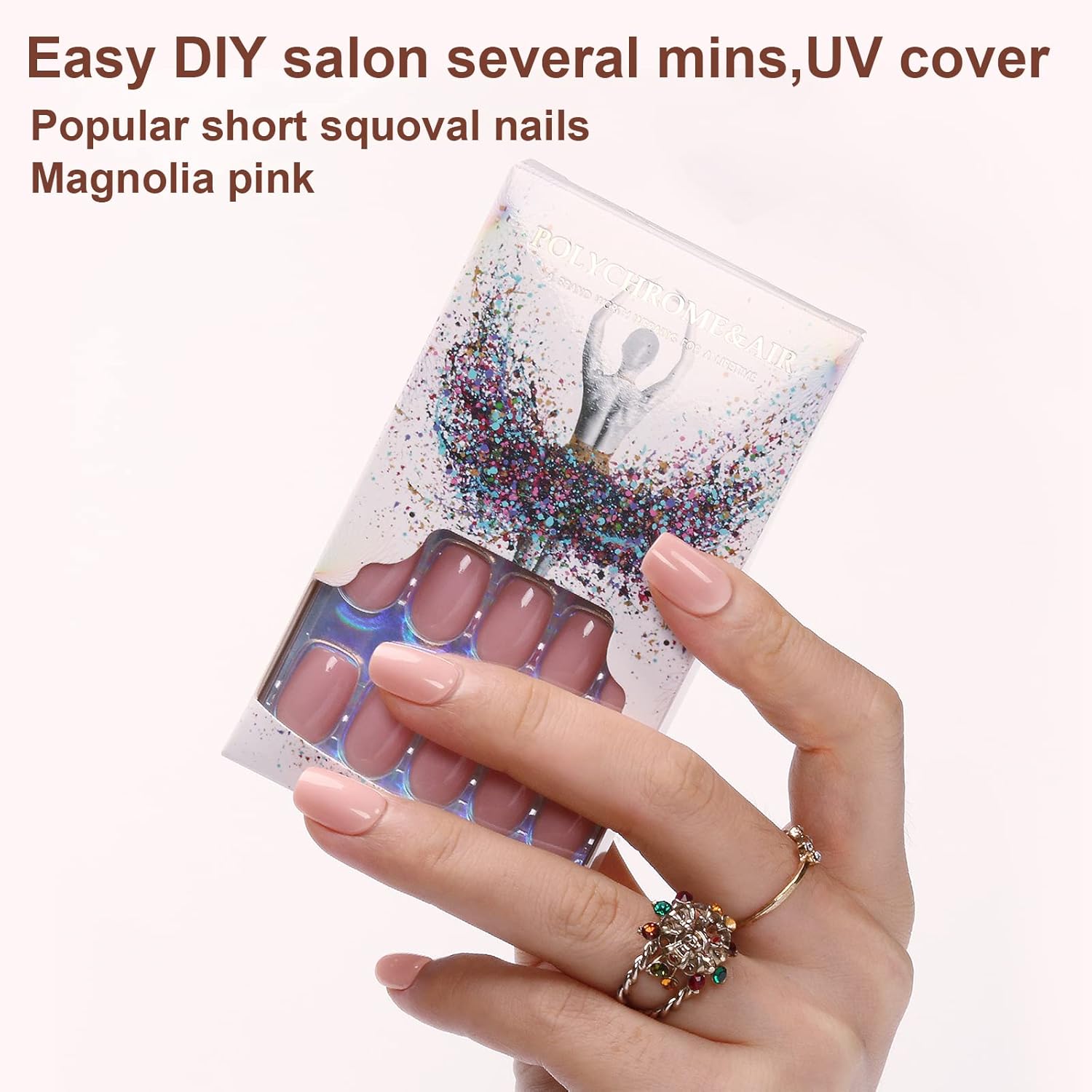 Polychrome&air Uñas postizas cortas Squoval ABS de ajuste natural con pegamento de gelatina, uñas postizas reutilizables para mujer y niña, uñas