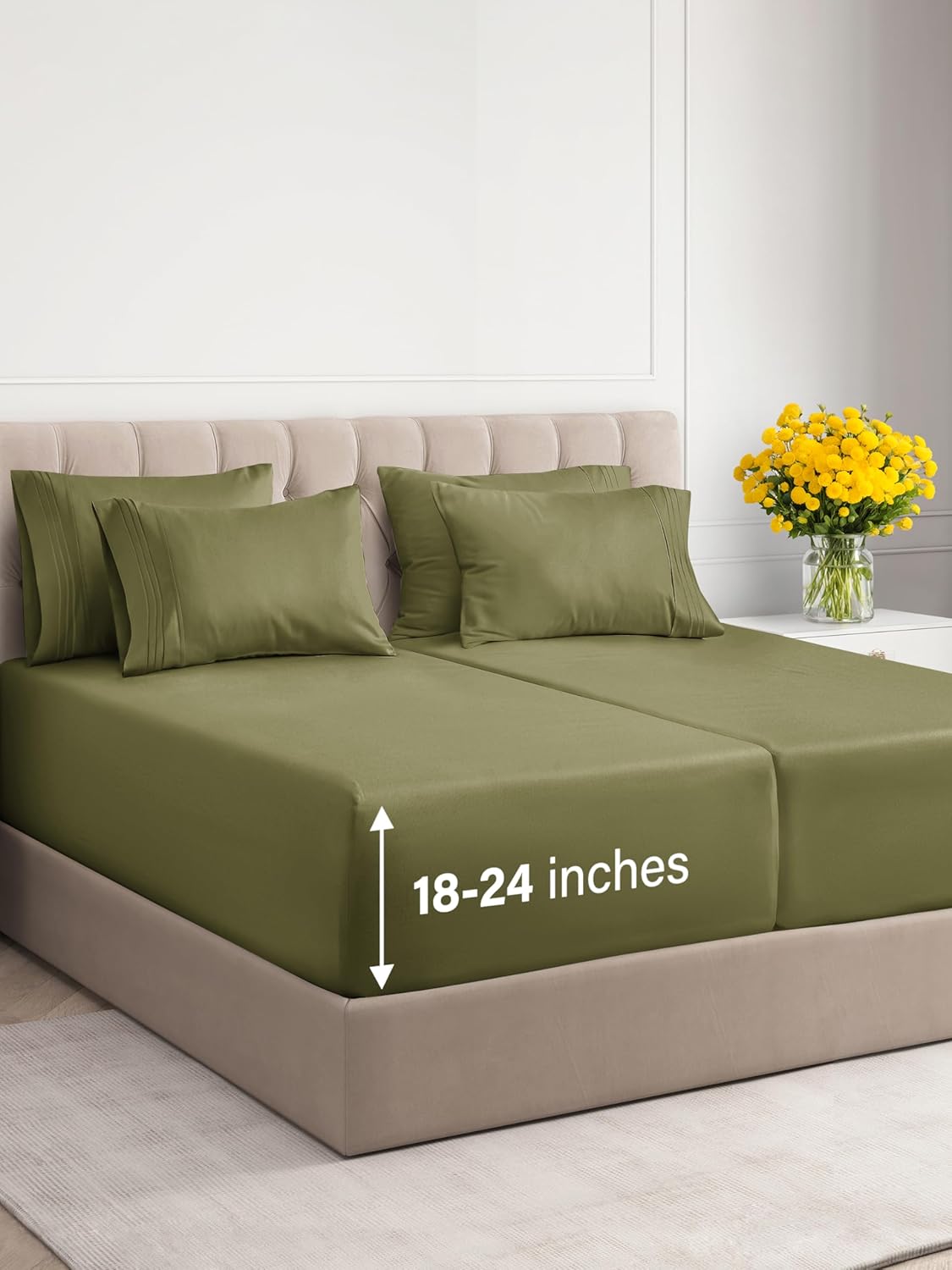 Sábanas de bolsillo extra profundas, juego de sábanas de 7 piezas, sábanas de tamaño King dividido, bolsillo profundo, sábanas de cama extra