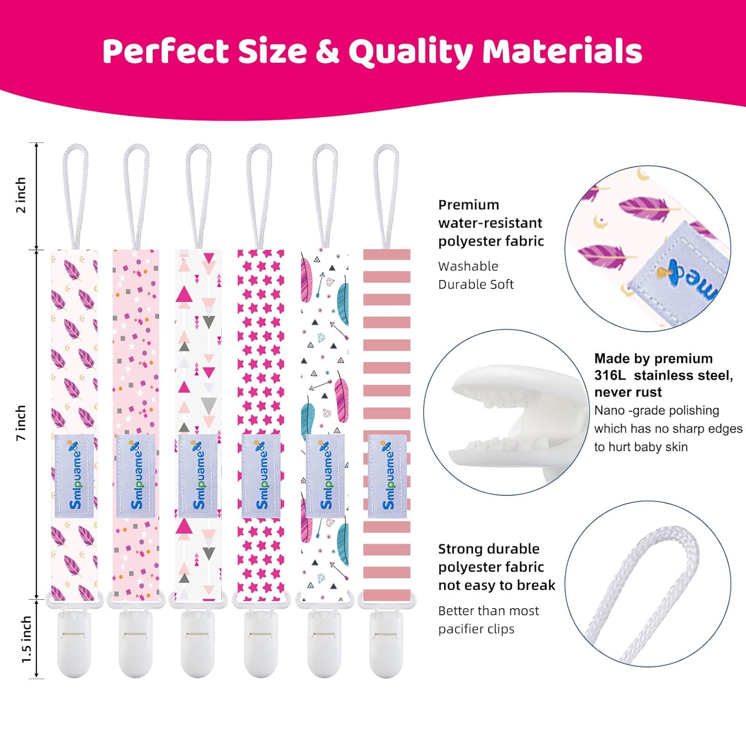 Smlpuame Clip para chupete para niña, paquete de 6 elegantes correas para bebés, soporte para paci con clip, ligero, universal, se adapta a la