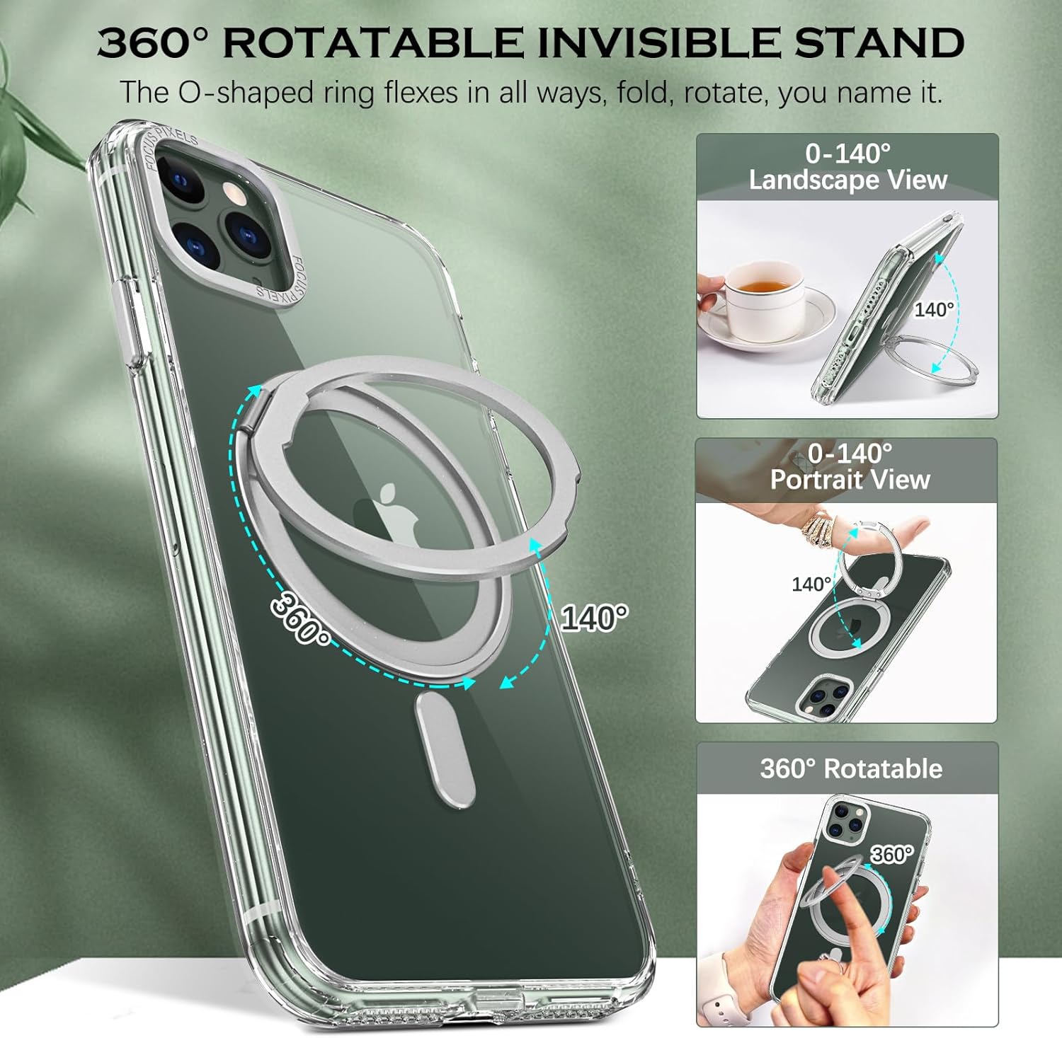 YINLAI Funda para iPhone 11 Pro Max, magnética compatible con Magsafe con soporte de anillo giratorio de 360, soporte invisible, delgada,