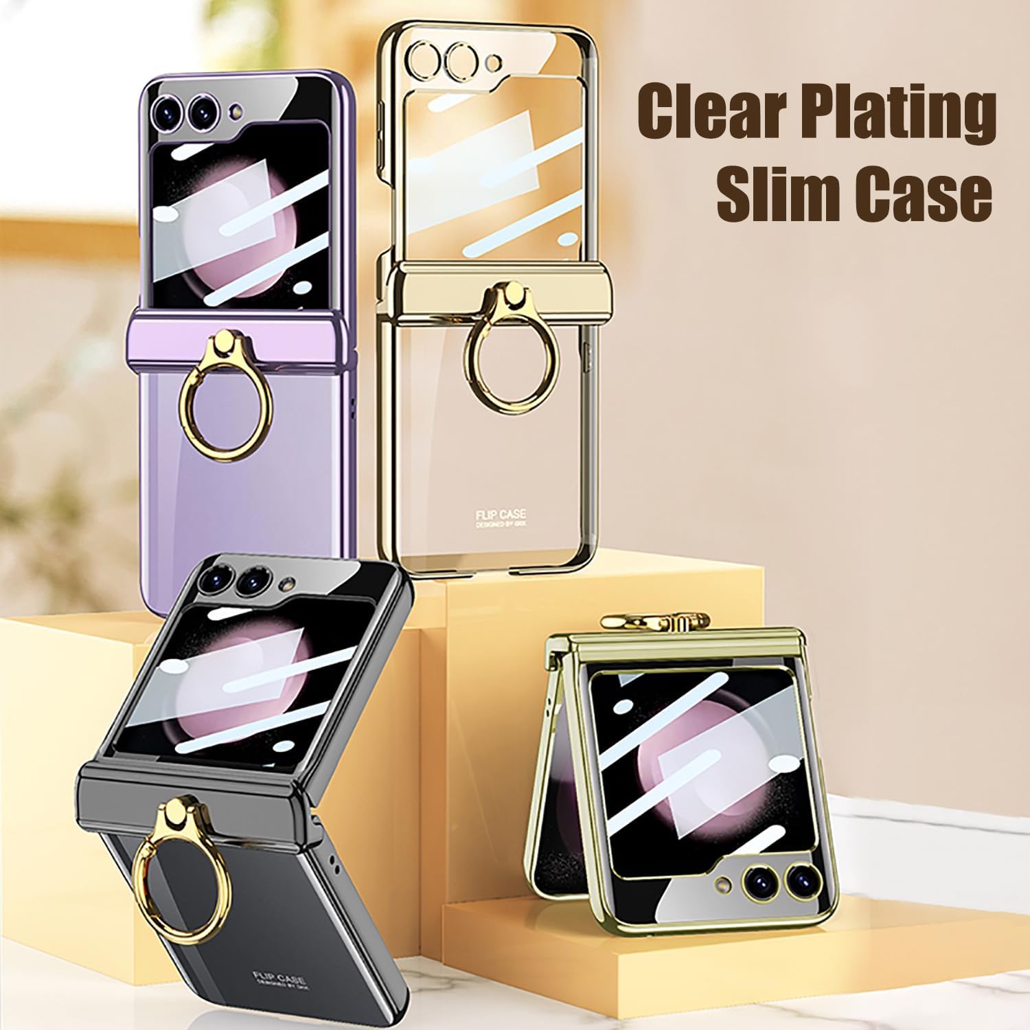 Funda transparente para Samsung Galaxy Z Flip 5 con protección magnética de bisagra, soporte de anillo y protector de pantalla externo,