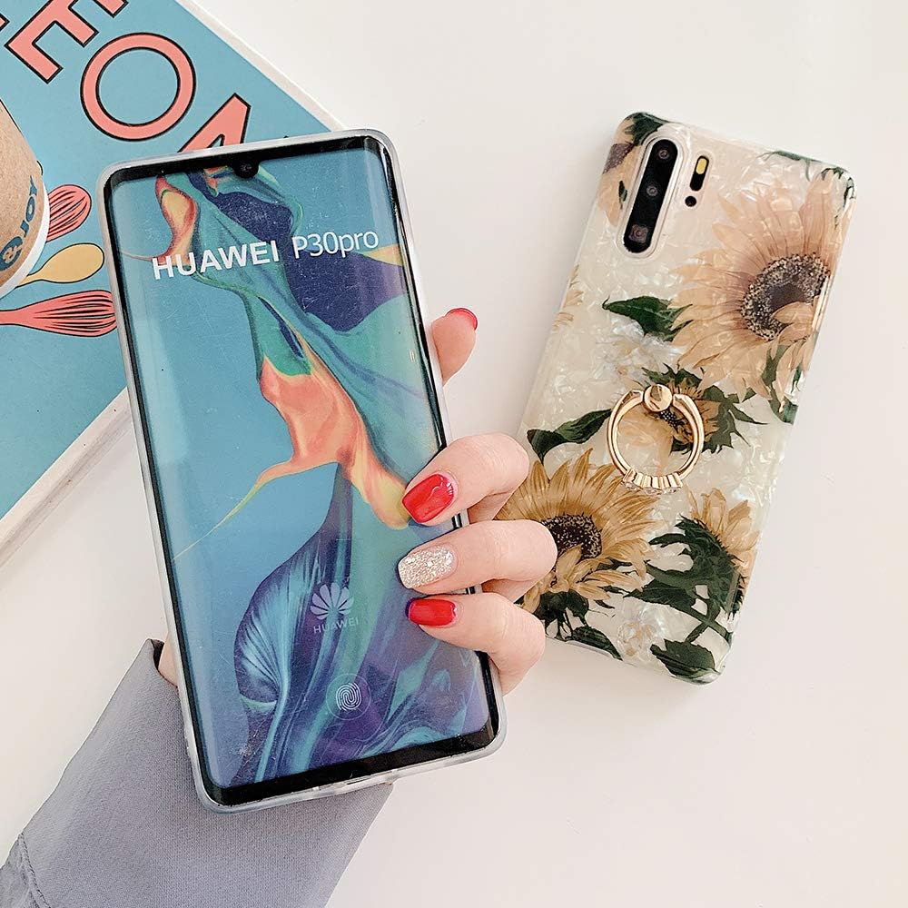 Qokey Funda para Galaxy S9, S9, diseño de flores, a la moda, para hombres, mujeres y niñas, con anillo giratorio de 360 grados, soporte de TPU suave