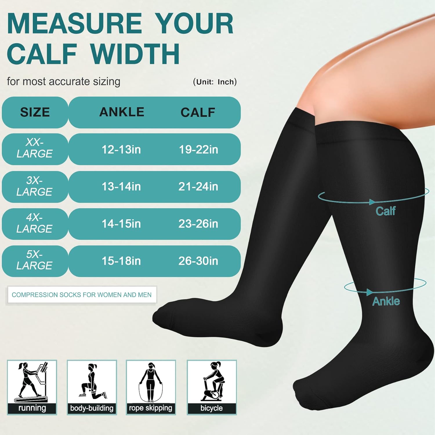 Iseasoo Calcetines de compresión de talla grande para hombres y mujeres, 3 pares de medias de compresión de pantorrilla ancha para circulación,