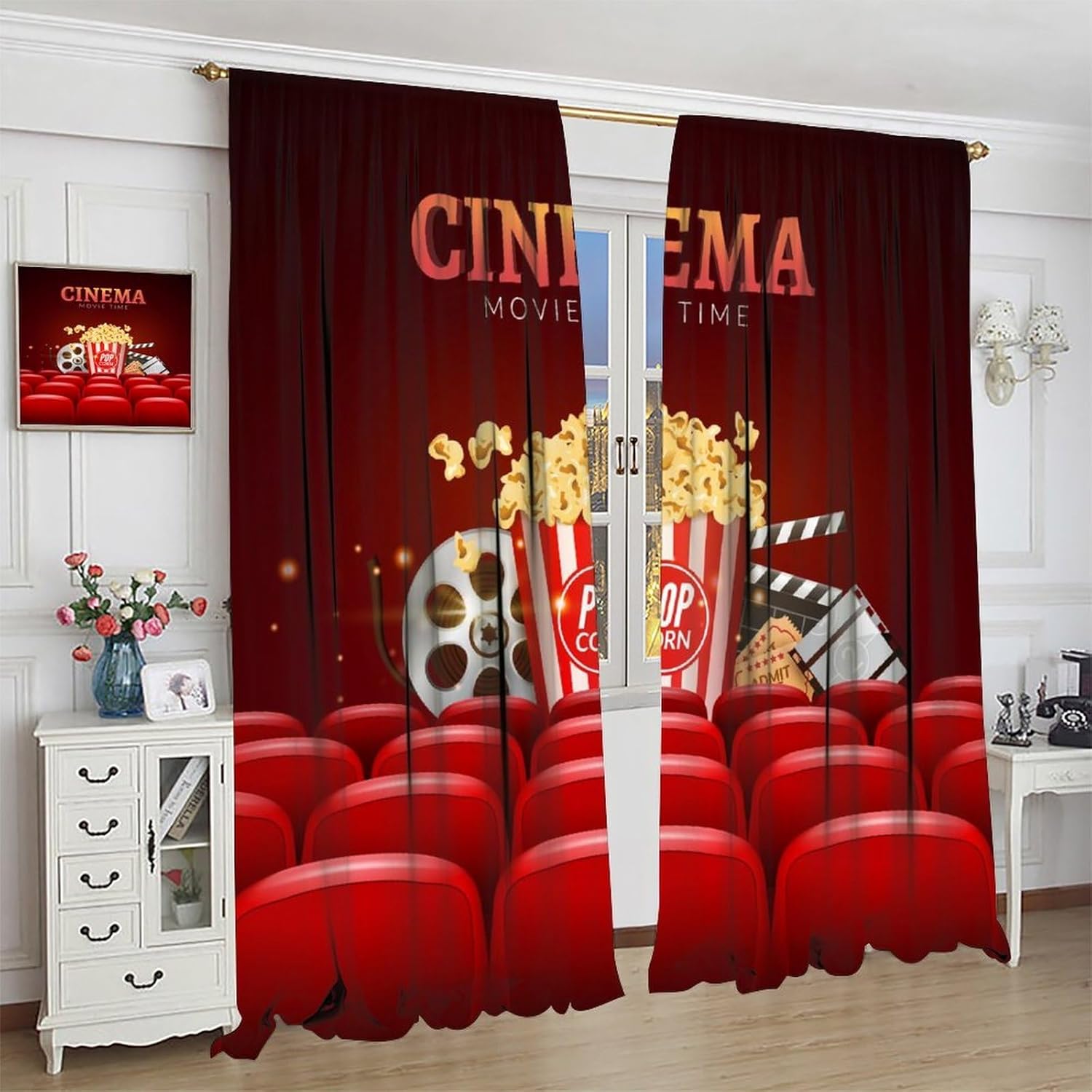 Cortinas opacas con temática de cine, diseño de palomitas de maíz, con estampado de bebidas, cortinas decorativas para dormitorio, sala de estar,