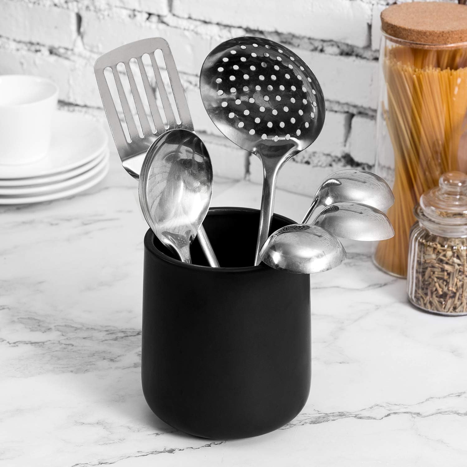 MyGift Soporte para utensilios de cocina negro mate con base redondeada, organizador de utensilios de cocina de cerámica moderno de 6 pulgadas para