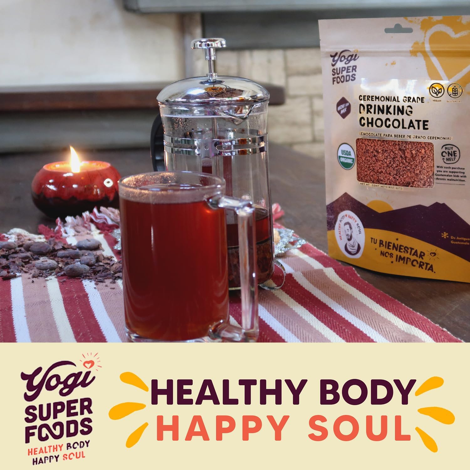 Yogi Super Foods 16 oz de chocolate de grado ceremonial para beber cacao, café alternativo sin cafeína, bebida de cacao orgánico sin azúcar,