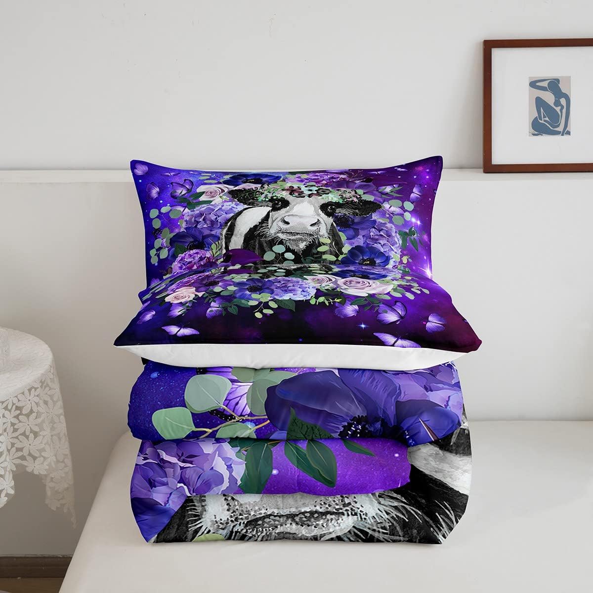 Erosebridal Juego de edredón de vaca de las Highland para niños y niñas, juego de ropa de cama tamaño individual, diseño de mariposa y rosa morado,