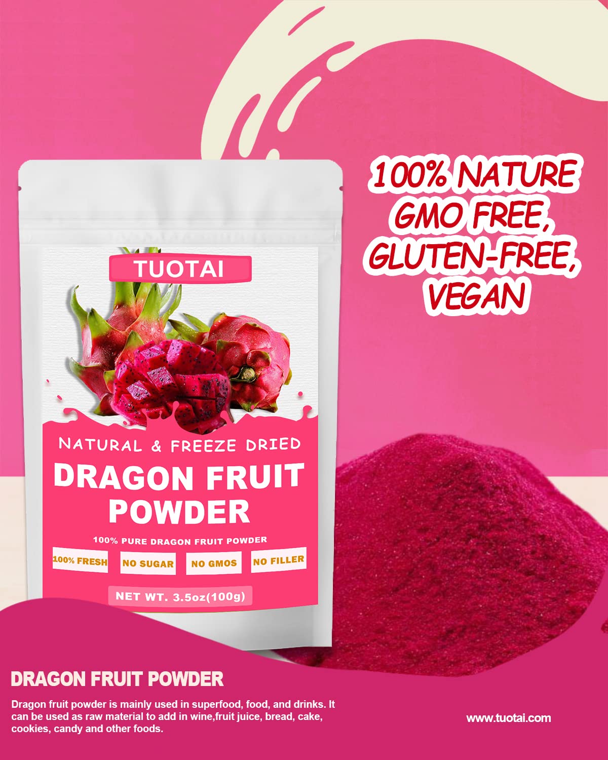 Polvo de fruta de dragón rojo liofilizadopitaya, 3.5 onzas, polvo de fruta del dragón para batidos, bebidas y alimentos para hornear
