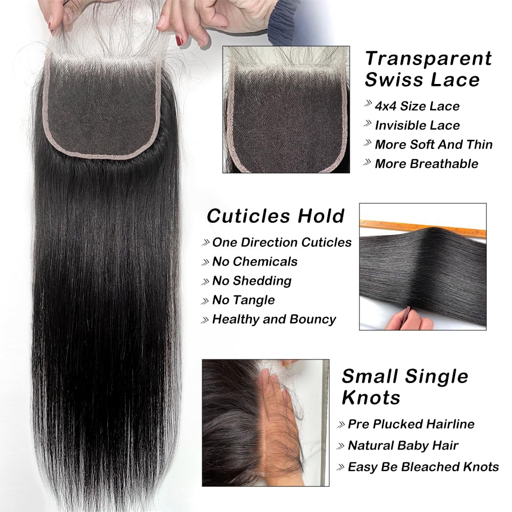 Cierre de encaje transparente de 4 x 4, cierre de encaje de cabello humano de grado 12A para mujeres, cabello virgen brasileño, cierre de encaje