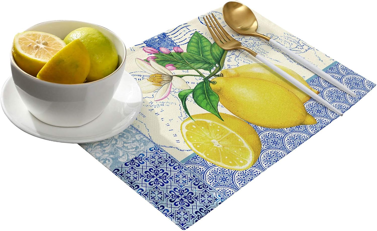 Manteles individuales de mesa, Summer Farm Limón, vintage, azul y blanco, porcelana, algodón, lino, reutilizables, antideslizantes, con aislamiento