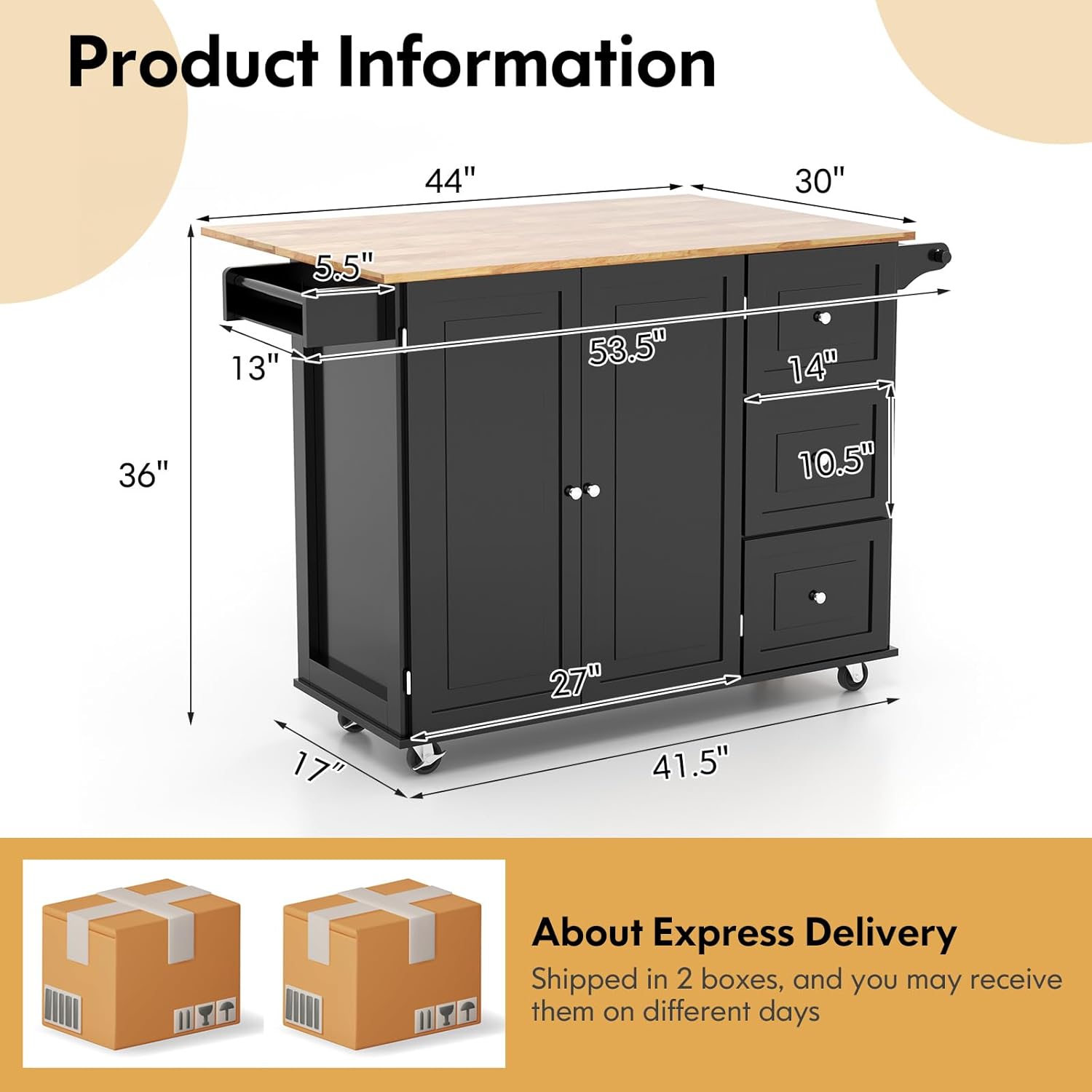 GOFLAME Carrito de isla de cocina con hoja caída, carrito de cocina con ruedas con parte superior de madera de goma, 3 cajones, toallero y estante