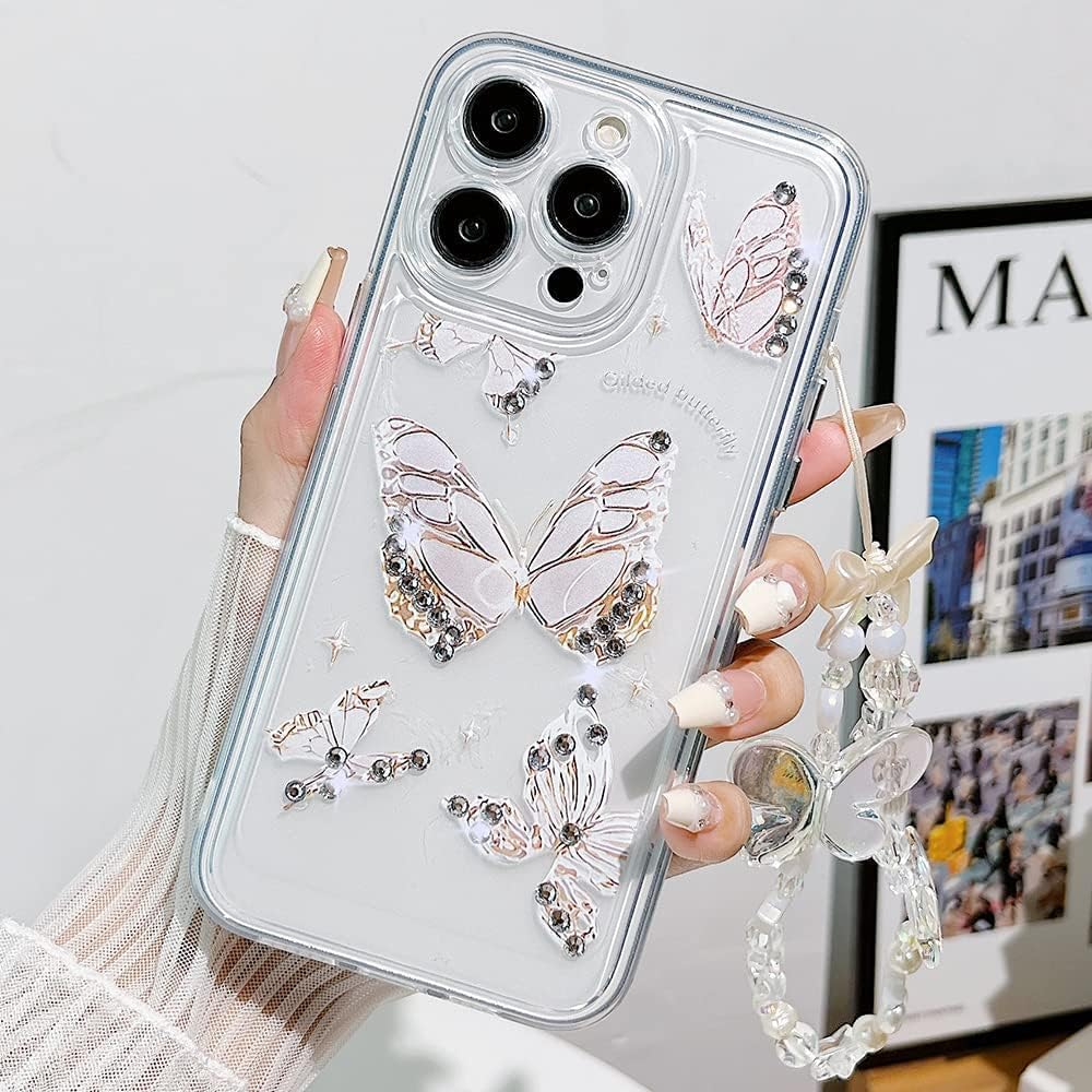 Casechics Compatible con funda para iPhone, de lujo, transparente, con bonito diseño de mariposa, correa para pulsera, cadena, transparente, suave,