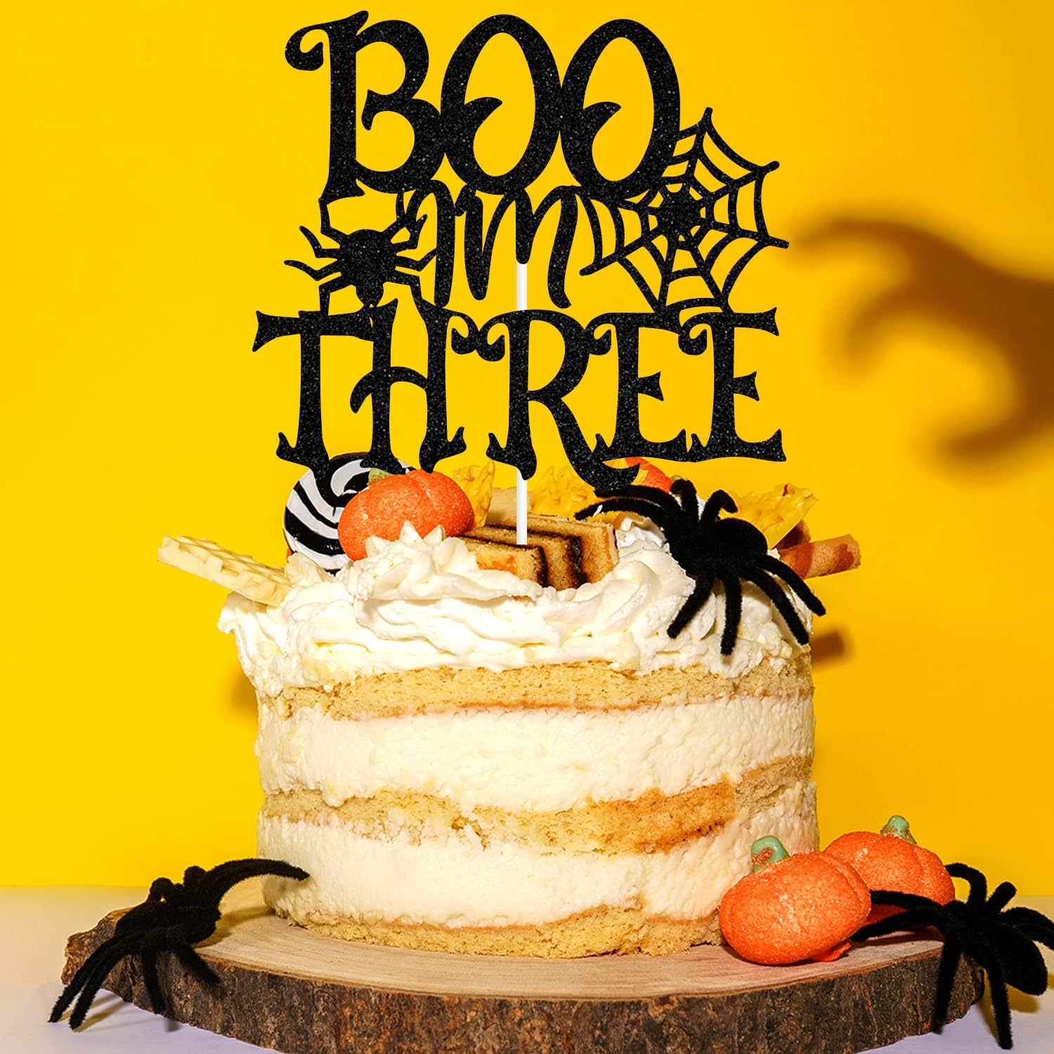Decoración negra con purpurina I’m Three Cake Top, feliz 3er cumpleañosBaby Boo, decoración de fiesta de baby shower con temática de Halloween para