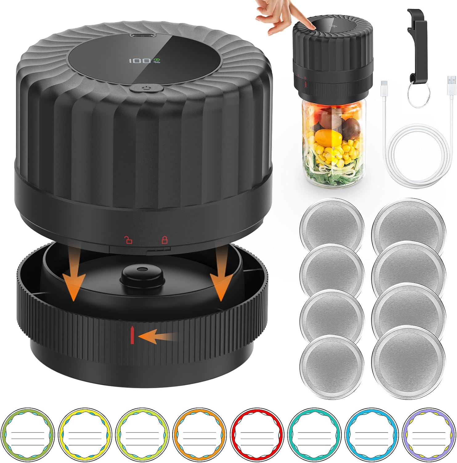 Sellador al vacío eléctrico de tarros Mason para conservas y almacenamiento de alimentos, kit de sellado al vacío todo en uno para tarros de boca