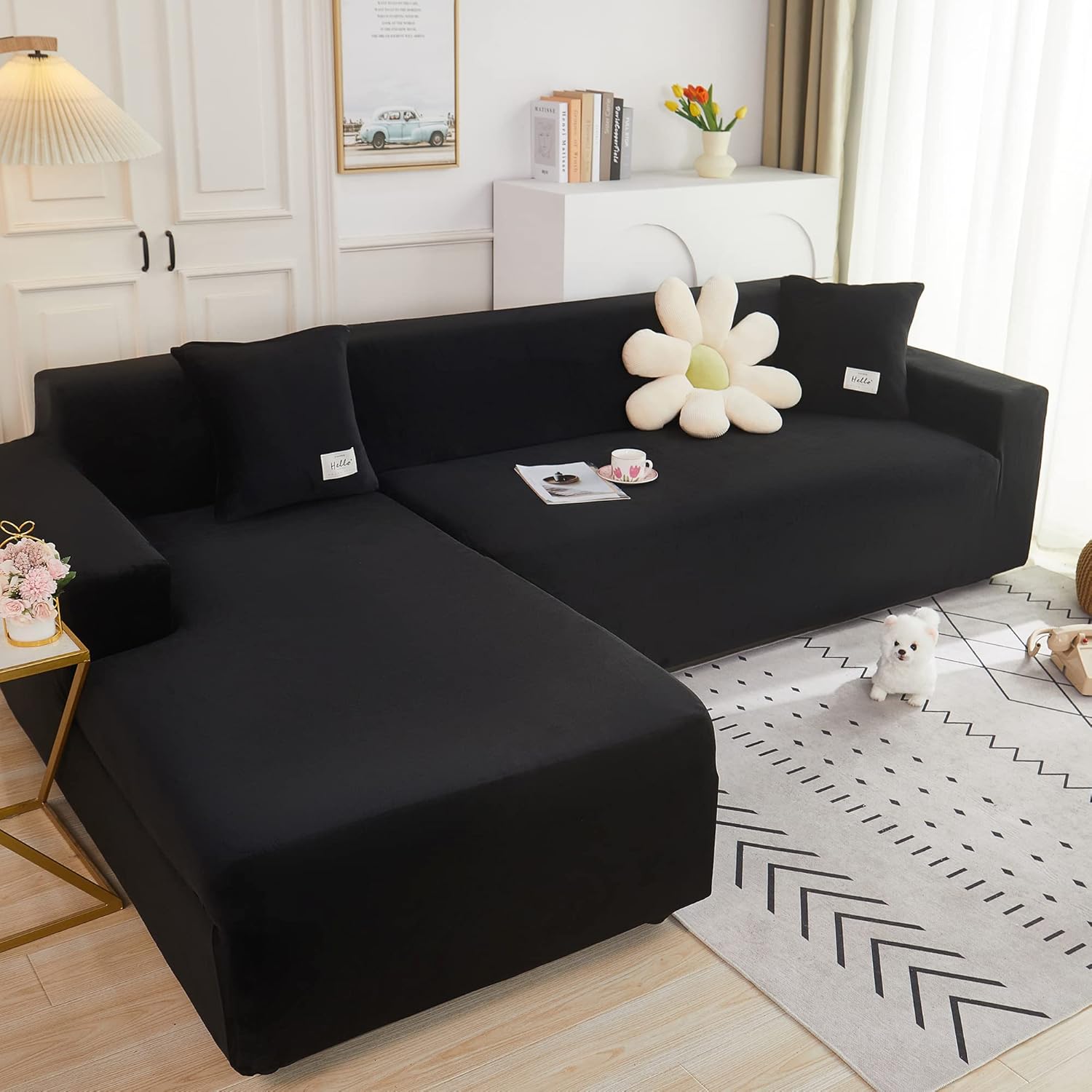 CONRUSER Funda elástica para sofá, funda de terciopelo suave con parte inferior elástica, protector de muebles para mascotas y niños (negro, XL)