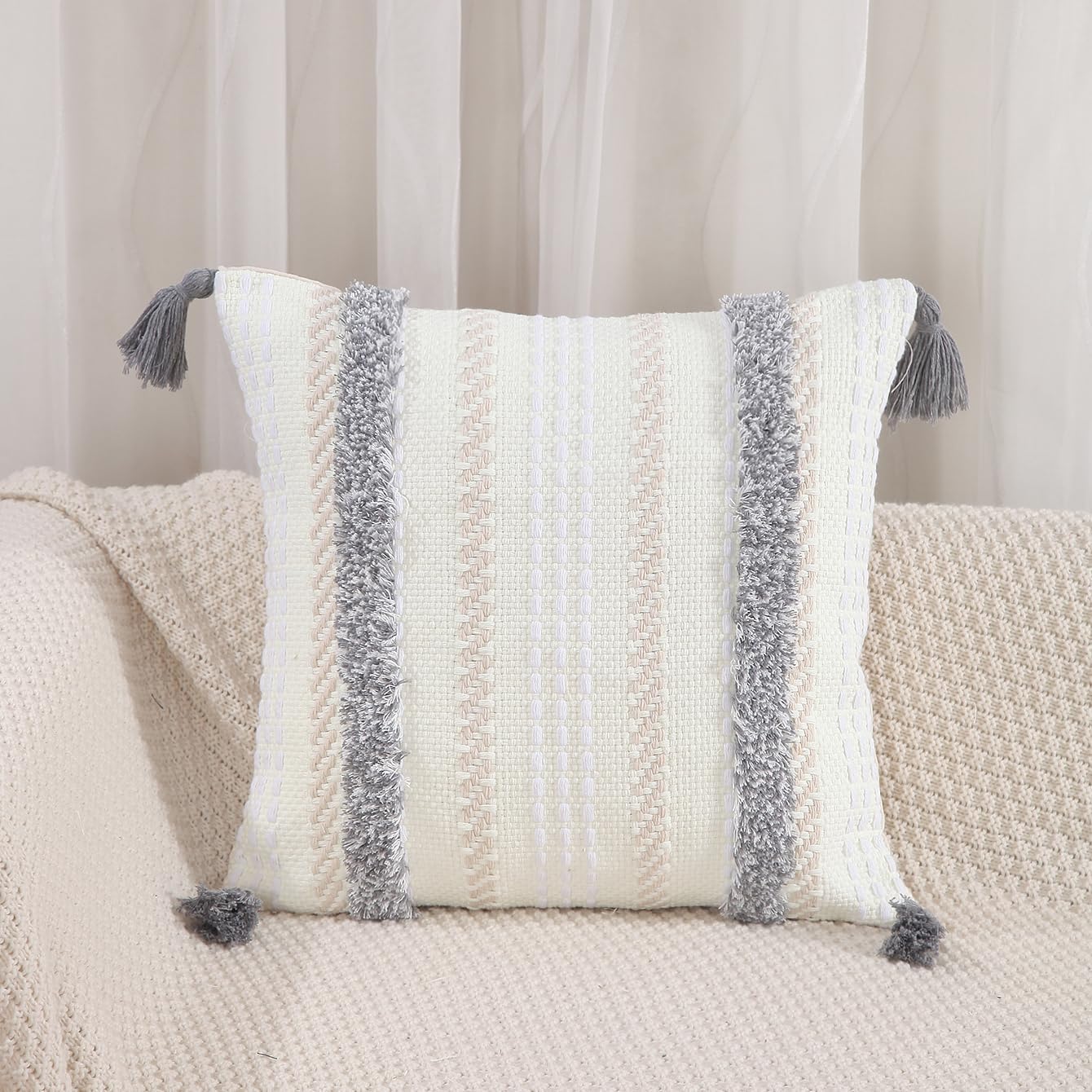 Juego de 2 fundas de almohada decorativas de algodón con borlas, estilo bohemio, copetudo, modernas, estilo campestre para sofá, 20 x 20 pulgadas,