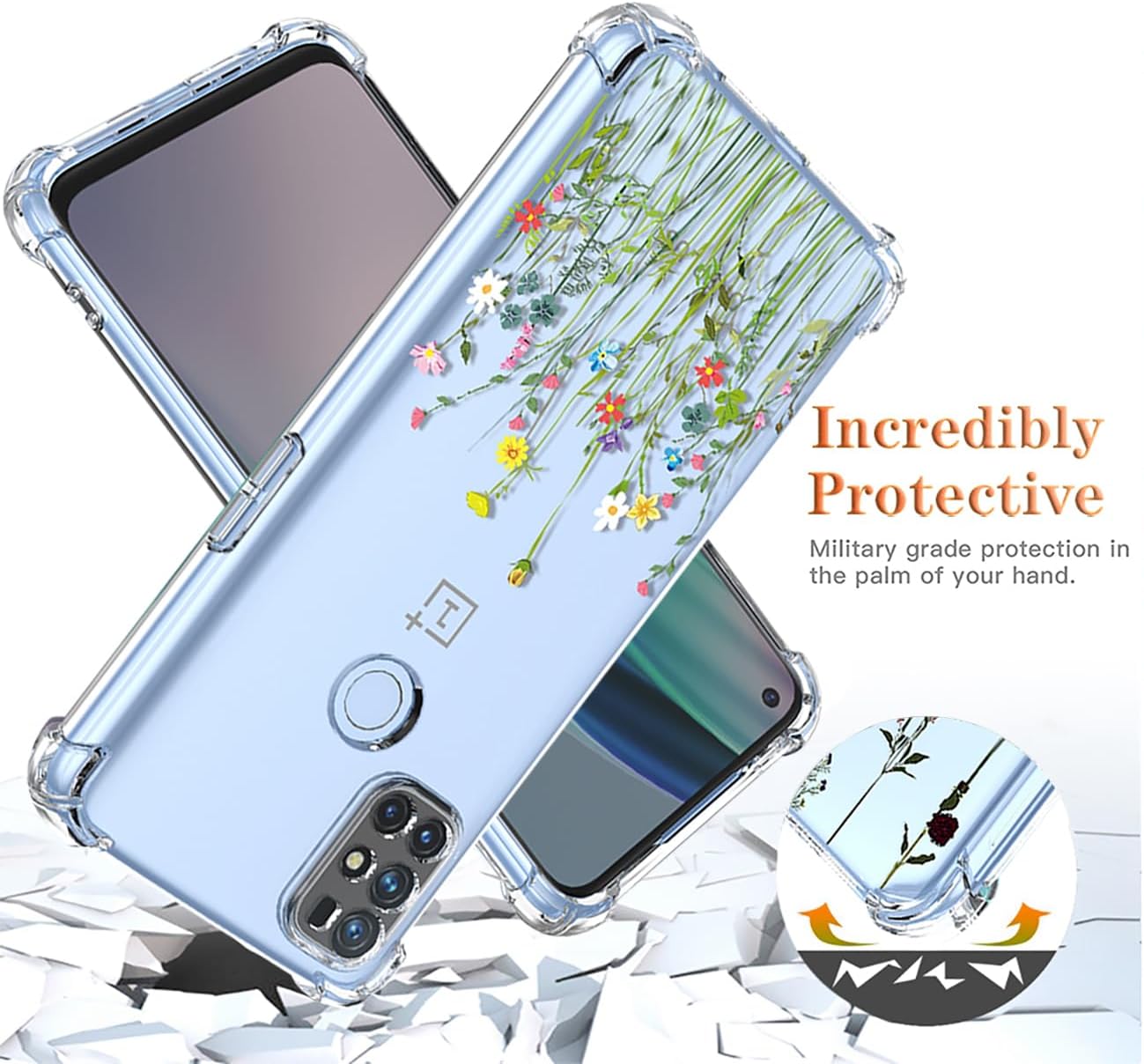 Funda para OnePlus Nord N100, OnePlus N100 BE2013 con protector de pantalla, funda transparente con patrones de jardín de flores, funda protectora