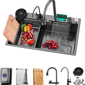 NOYHHAV Pantalla de temperatura Cocina cascada Fregadero de 29.5 pulgadas Fregaderos de cocina Fregaderos de cocina de acero inoxidable negro con NOYHHAV Pantalla de temperatura Cocina cascada Fregadero de 29.5 pulgadas Fregaderos de cocina Fregaderos de cocina de acero inoxidable negro con