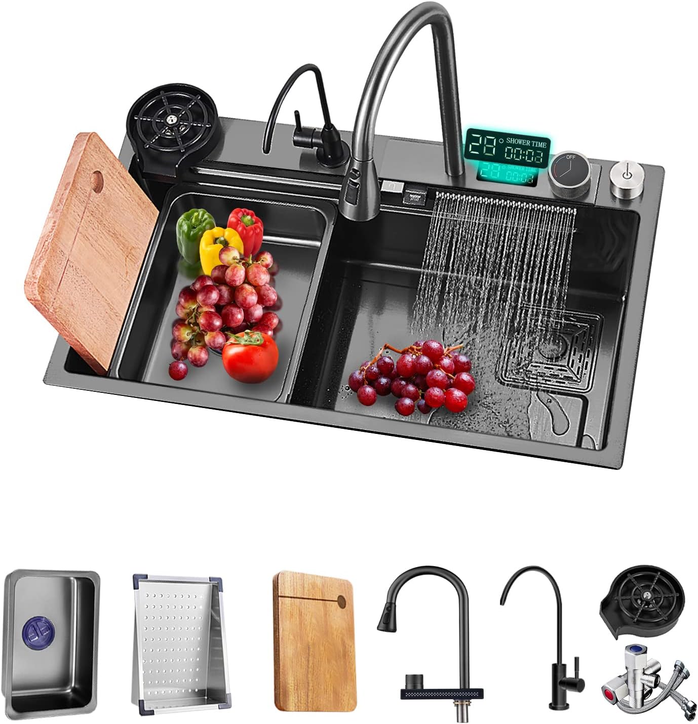 NOYHHAV Pantalla de temperatura Cocina cascada Fregadero de 29.5 pulgadas Fregaderos de cocina Fregaderos de cocina de acero inoxidable negro con