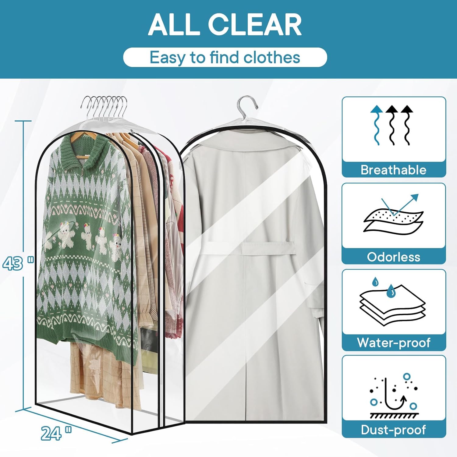 Paquete de 3 bolsas de ropa transparentes reforzadas de 10 pulgadas, bolsas de traje de 43 pulgadas para almacenamiento en el armario, bolsas de