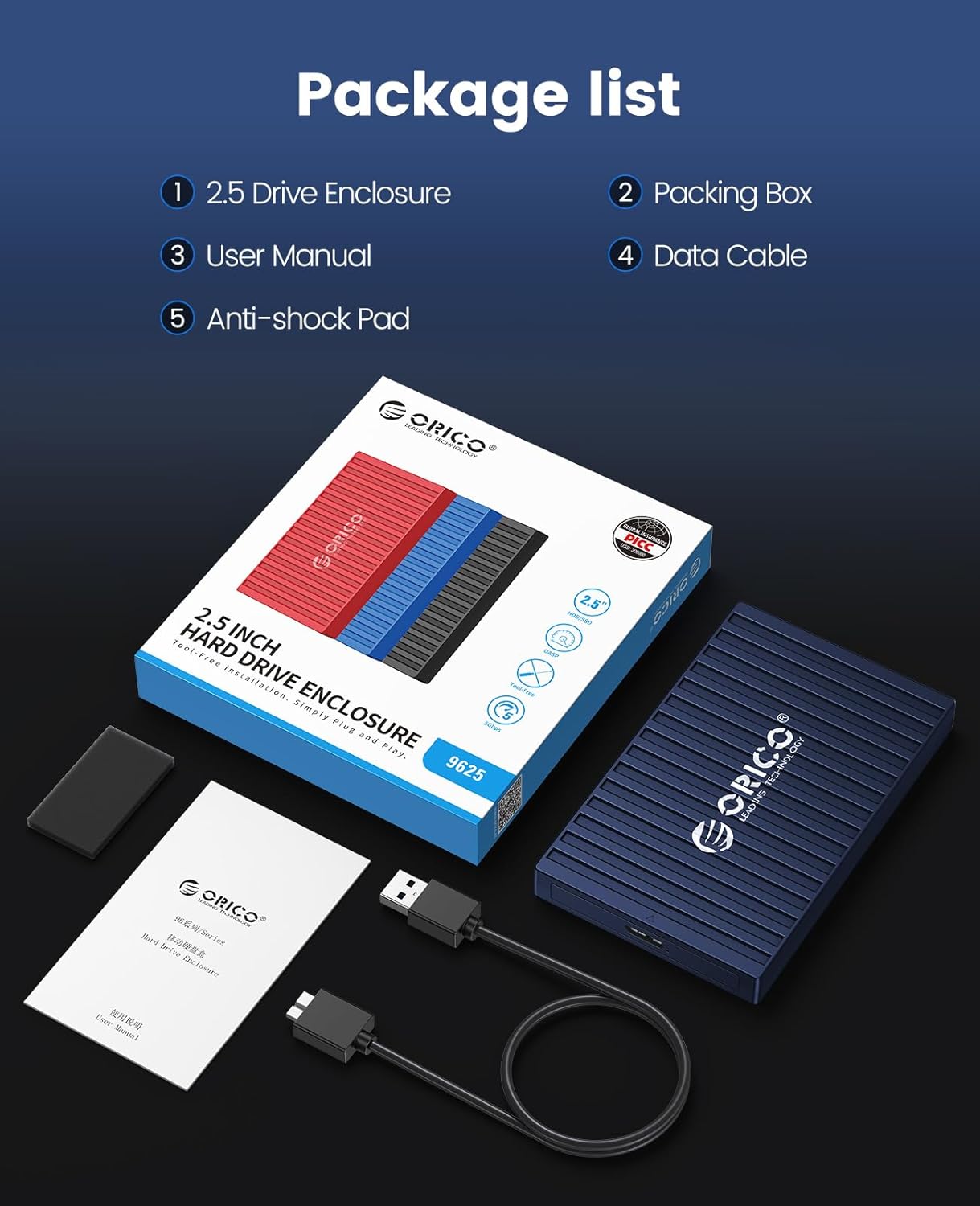 ORICO Caja de disco duro de 2.5″, caja de disco duro externo USB 3.0 de 5 Gbps sin herramientas para disco duro SATA HDD y SSD de 2.5 pulgadas,