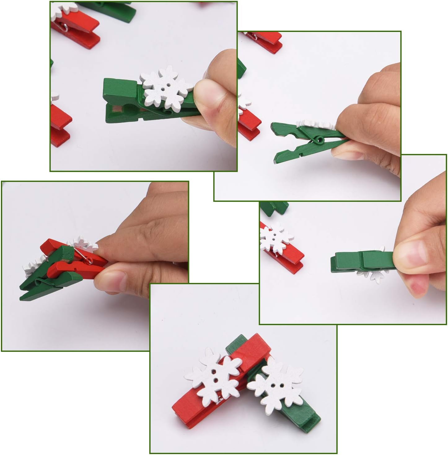 Clips de Navidad, 100 pinzas de madera de copo de nieve, pinzas rojas y verdes para decoraciones de fiesta de Navidad