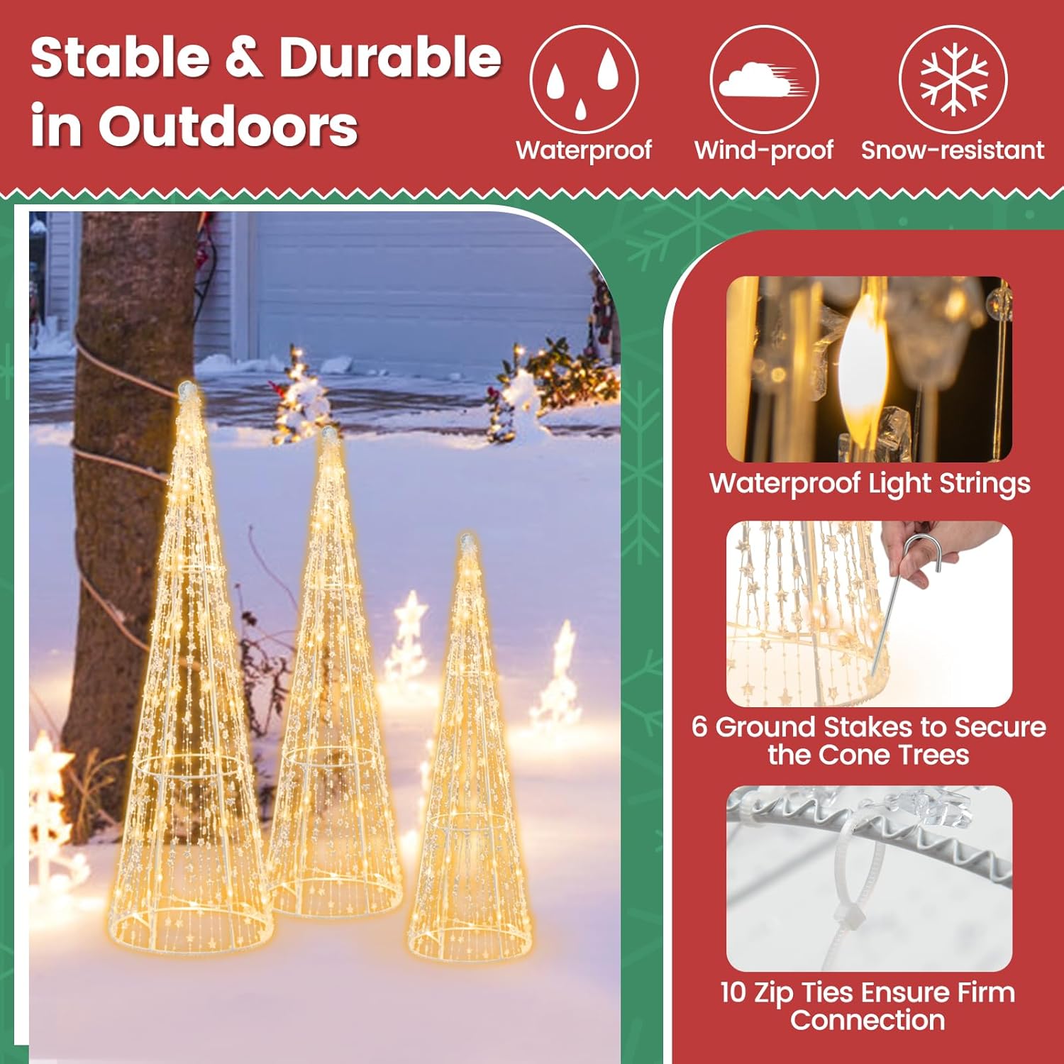 Tangkula Juego de 3 árboles de cono de Navidad iluminados, juego de árbol cónico decorativo de Navidad con cuerdas de estrellas, 90 luces LED