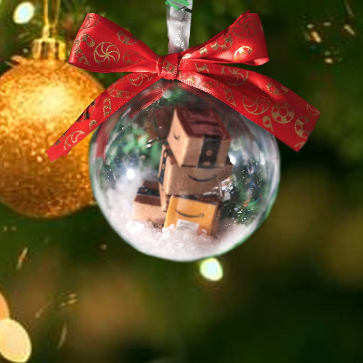 2 adornos para árbol de Navidad con mini cajas de entrega en el interior, divertidas bolas de Navidad transparentes, paquetes de decoraciones de