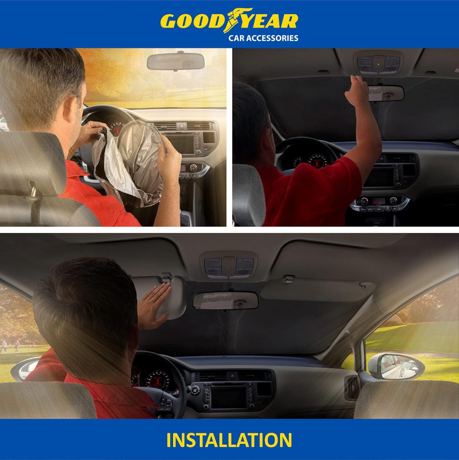 Goodyear GY008233 – Parasol plegable para parabrisas de automóvil, ajuste personalizado, protección UV, protector solar del vehículo, parasol para