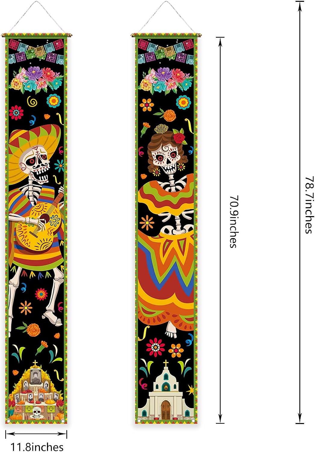 Allenjoy Letreros colgantes del Día de los Muertos mexicanos para puerta de pared, decoración de guitarra y esqueleto, poliéster, sin arrugas, para
