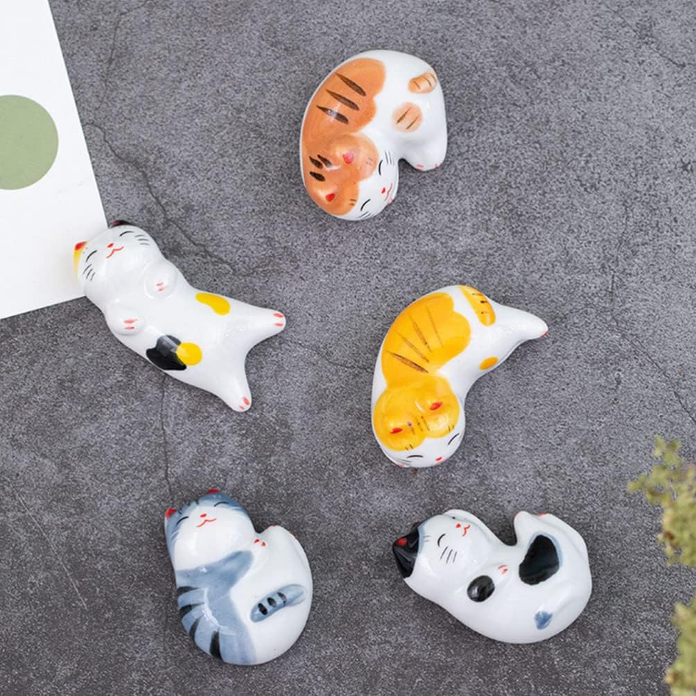 BESTonZON 5 palillos de gato con soporte para pinceles de pintura china, estilo japonés, porcelana, lindo gato de la suerte, soporte para palillos