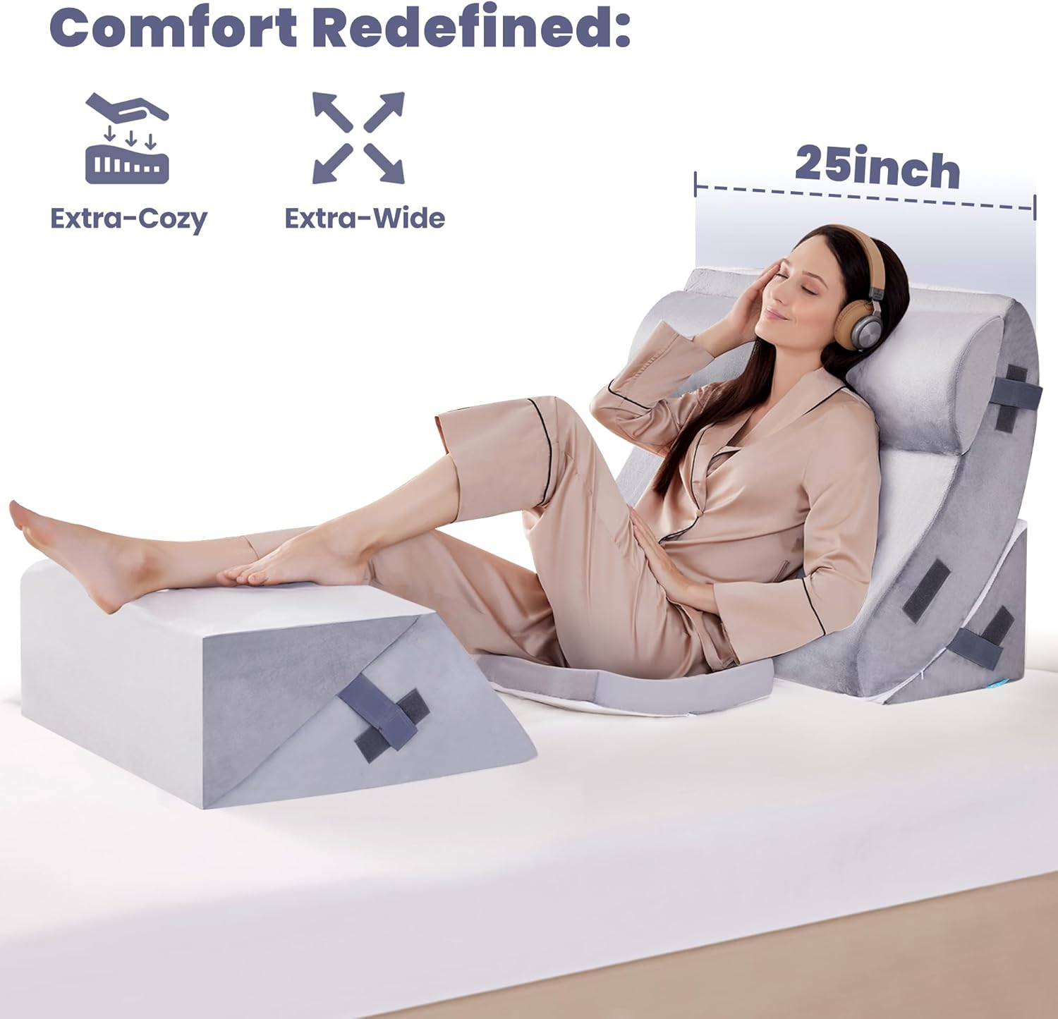 BDEUS Juego de 6 almohadas ortopédicas extra anchas de espuma viscoelástica de 25 pulgadas para dormir después de la cirugía, alivio del dolor,