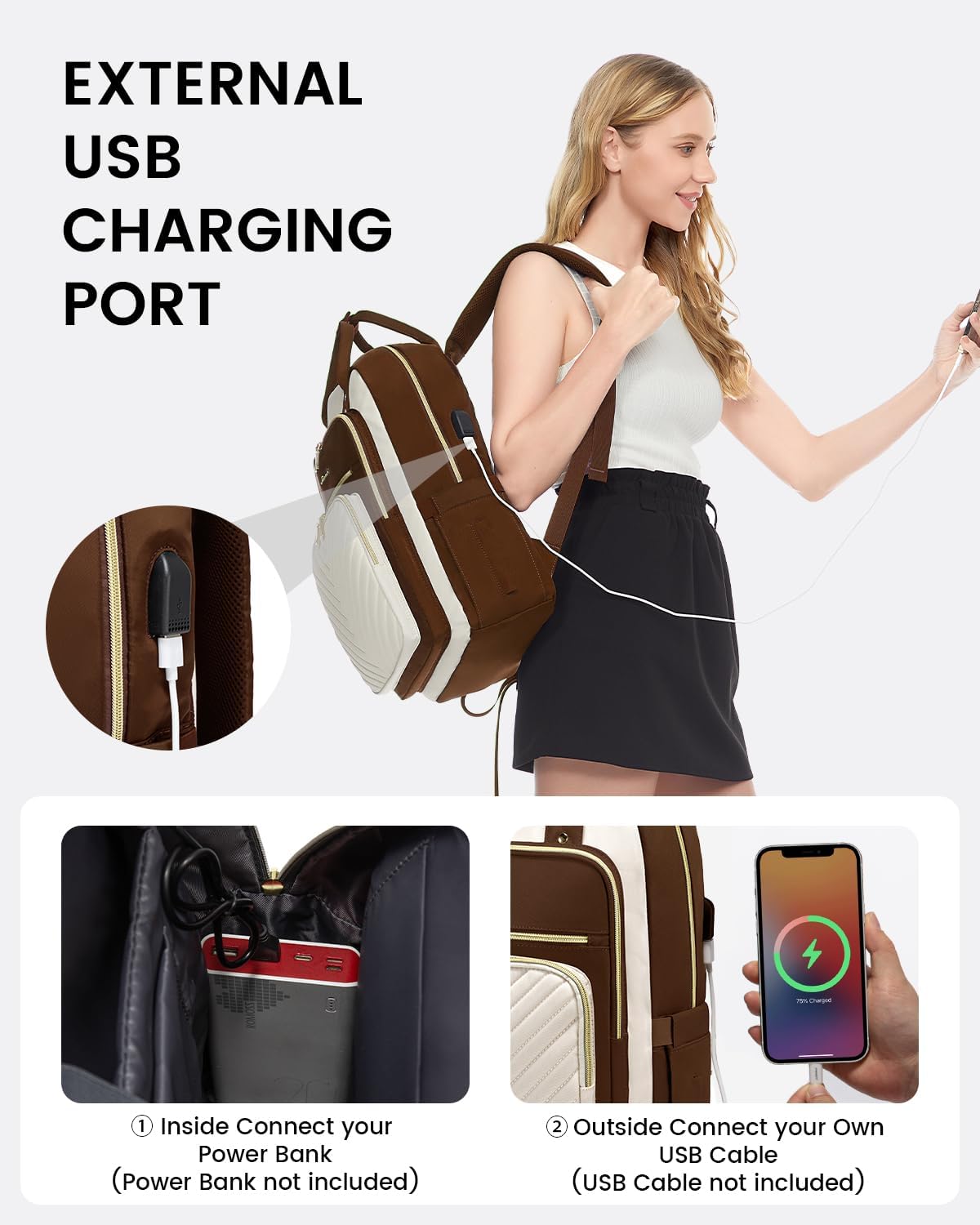 LOVEVOOK Mochila para laptop para mujer, mochila de trabajo de moda con puerto USB, mochilas impermeables para el trabajo., Marrón -beige, Moda