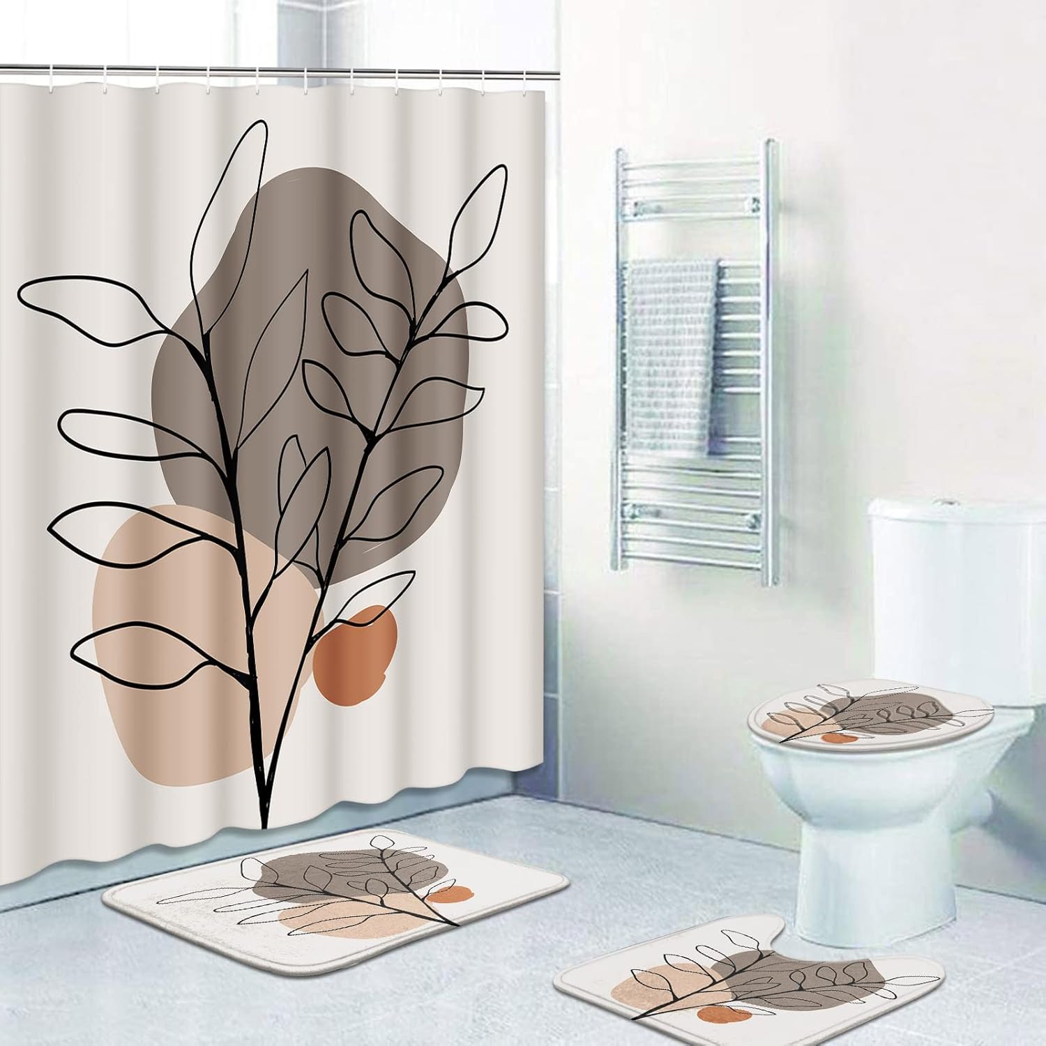 ArtSocket Juego de baño de hojas tropicales con cortina de ducha y accesorios de alfombras, cortina de ducha floral de mediados de siglo para baño,