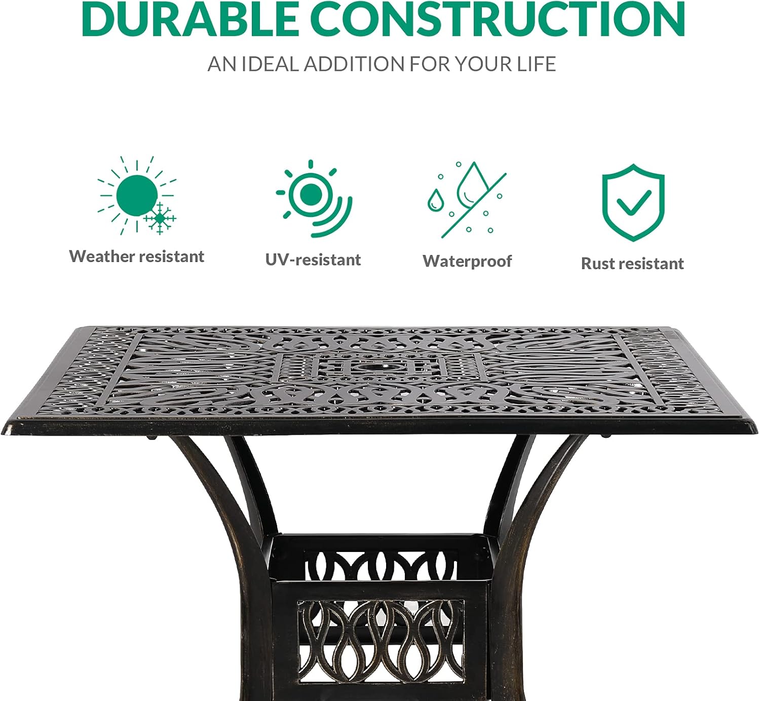VIVIJASON – Mesa cuadrada de comedor para exteriores (aluminio fundido, tamaño grande, con agujero para paraguas)