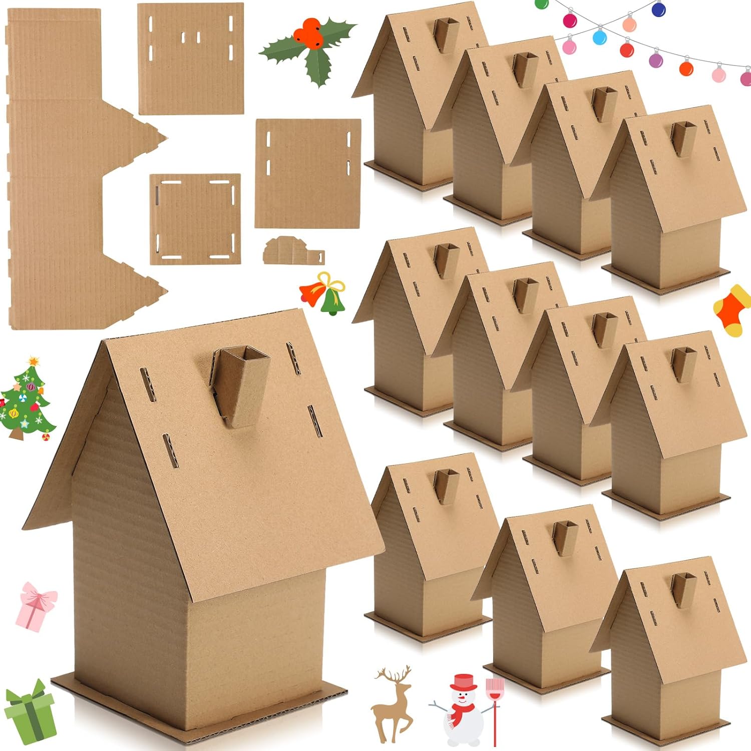 Cholemy Paquete de 12 casas de jengibre de Navidad para niños, a granel, hacer una casa de cartón de jengibre, manualidades navideñas para Navidad,