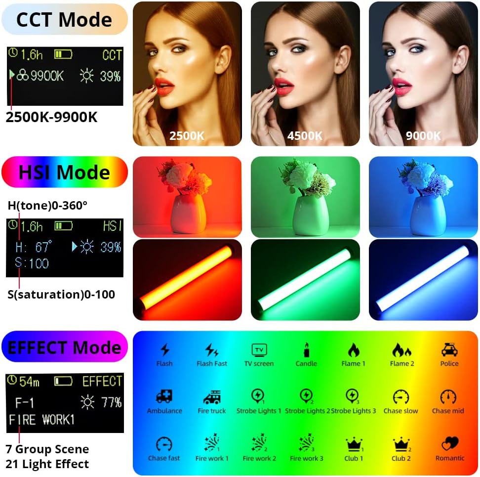 YELANGU Varita de luz LED  Barra de luz RGB para fotografía  21 efectos RGB, recargable, 2-12 horas de duración de la batería  Portátil y fácil