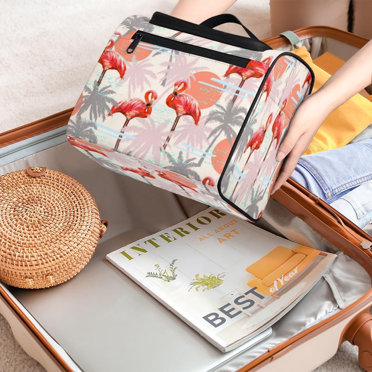 QsirBC Bolsa de aseo de flamencos de hoja de palma para mujer, organizador de maquillaje de viaje con gancho para colgar, bolsas de cosméticos de