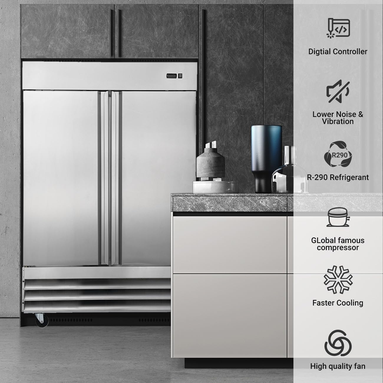 Smad Refrigerador comercial de 48 pulgadas de ancho, refrigerador vertical de 2 secciones con puerta sólida para restaurante, bar, tienda, 47 pies