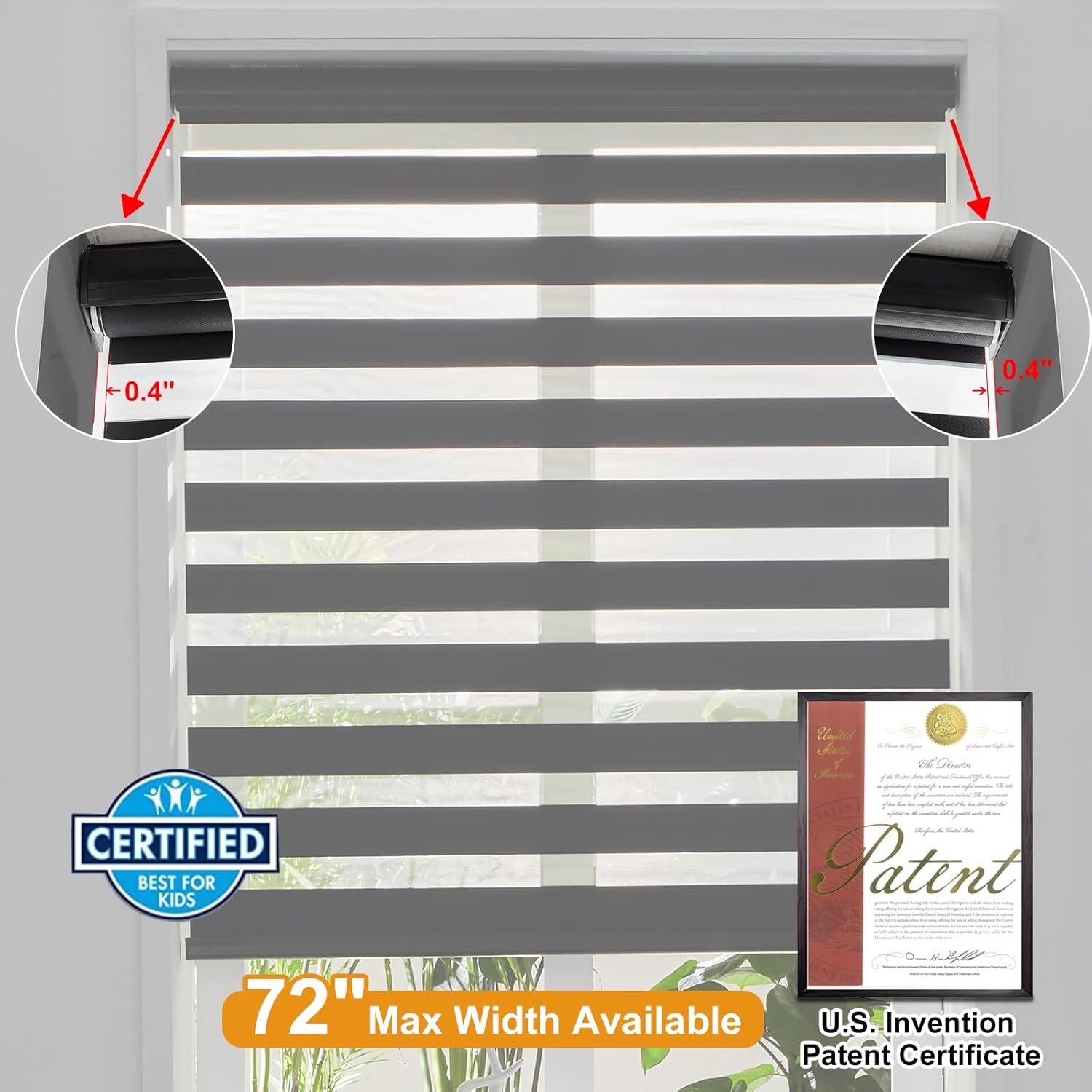 Persilux Persianas estilo cebra sin cordones para ventanas (58 pulgadas de ancho x 72 pulgadas de alto, negro) enrollables, de doble capa con