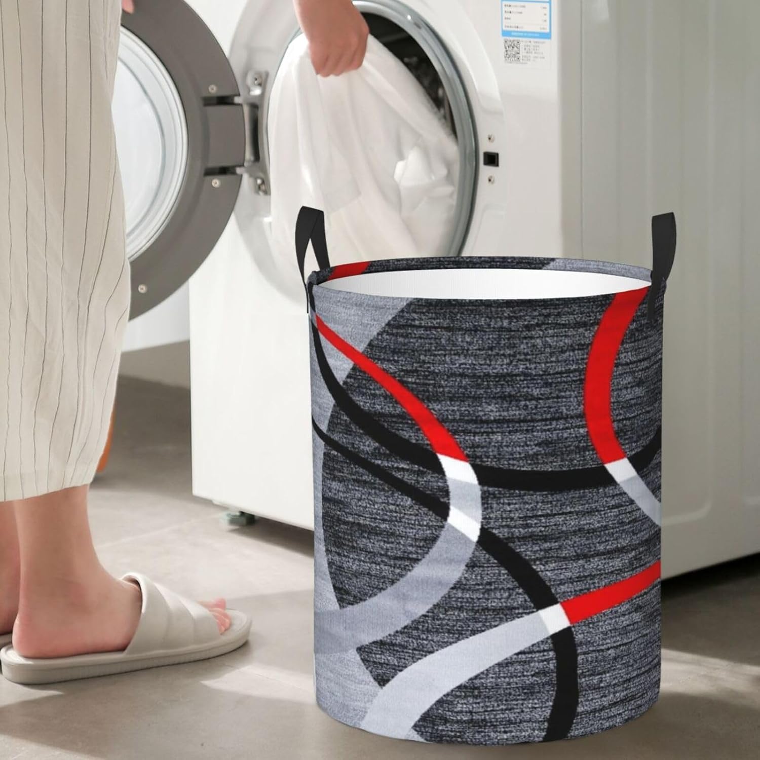 Cesta de ropa sucia con patrón geométrico de remolino, color gris, negro, rojo, blanco, cesta de almacenamiento plegable, impermeable, para