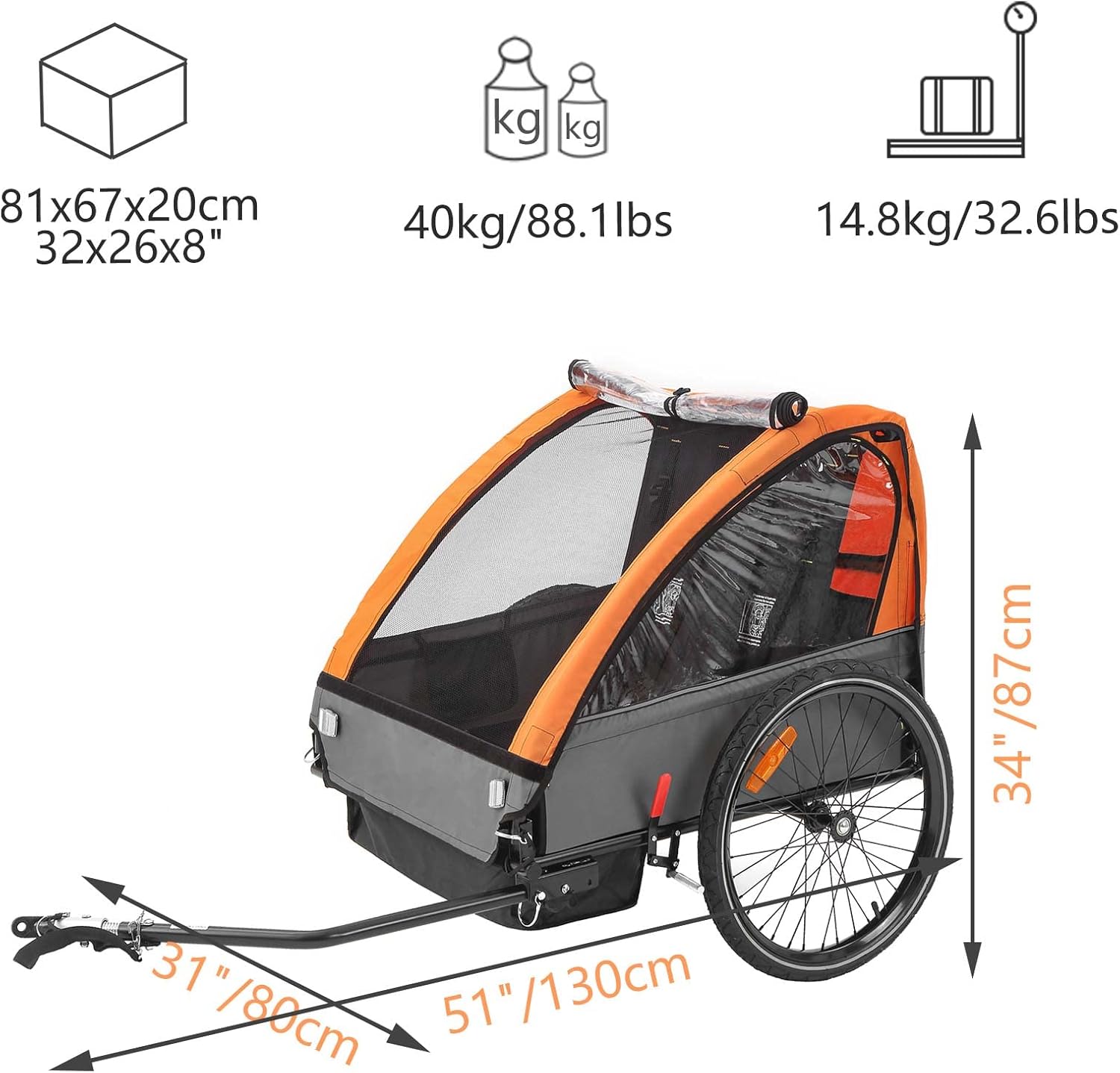 Remolque de bicicleta para niños, adecuado para 1 a 2 niños, 12 meses en adelante, fijación rápida a la bicicleta, plegable, con arnés de 5 puntos y