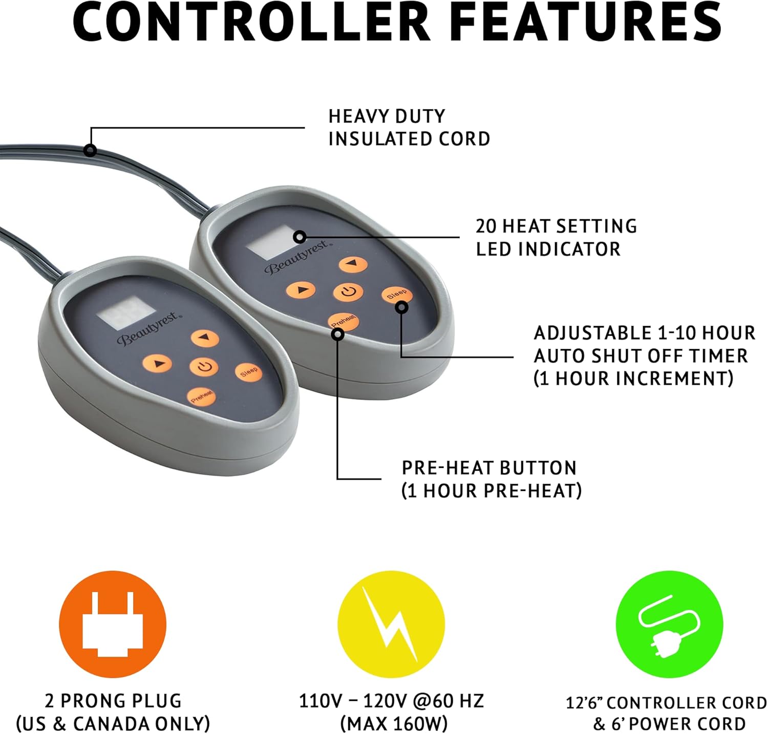 Beautyrest – Manta eléctrica de calentamiento rápido, apagado automático, prácticamente sin campos electromagnéticos, varios ajustes de calor,