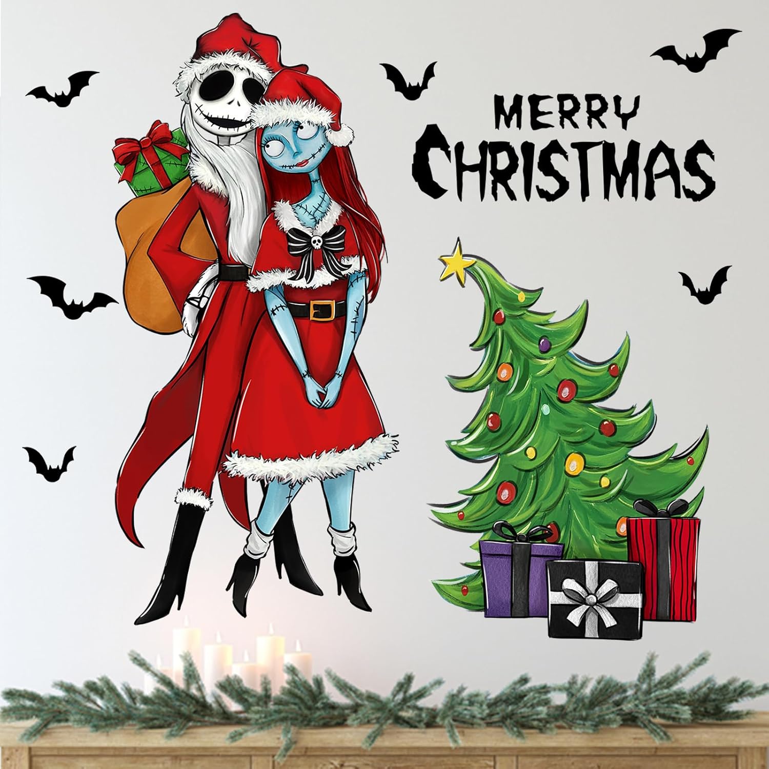Mfault Calcomanías de pared con texto en inglés Merry Christmas Nigh.tmare BEF.ore, Jack Skellington Sally, árbol de Navidad, cráneo, murciélagos,