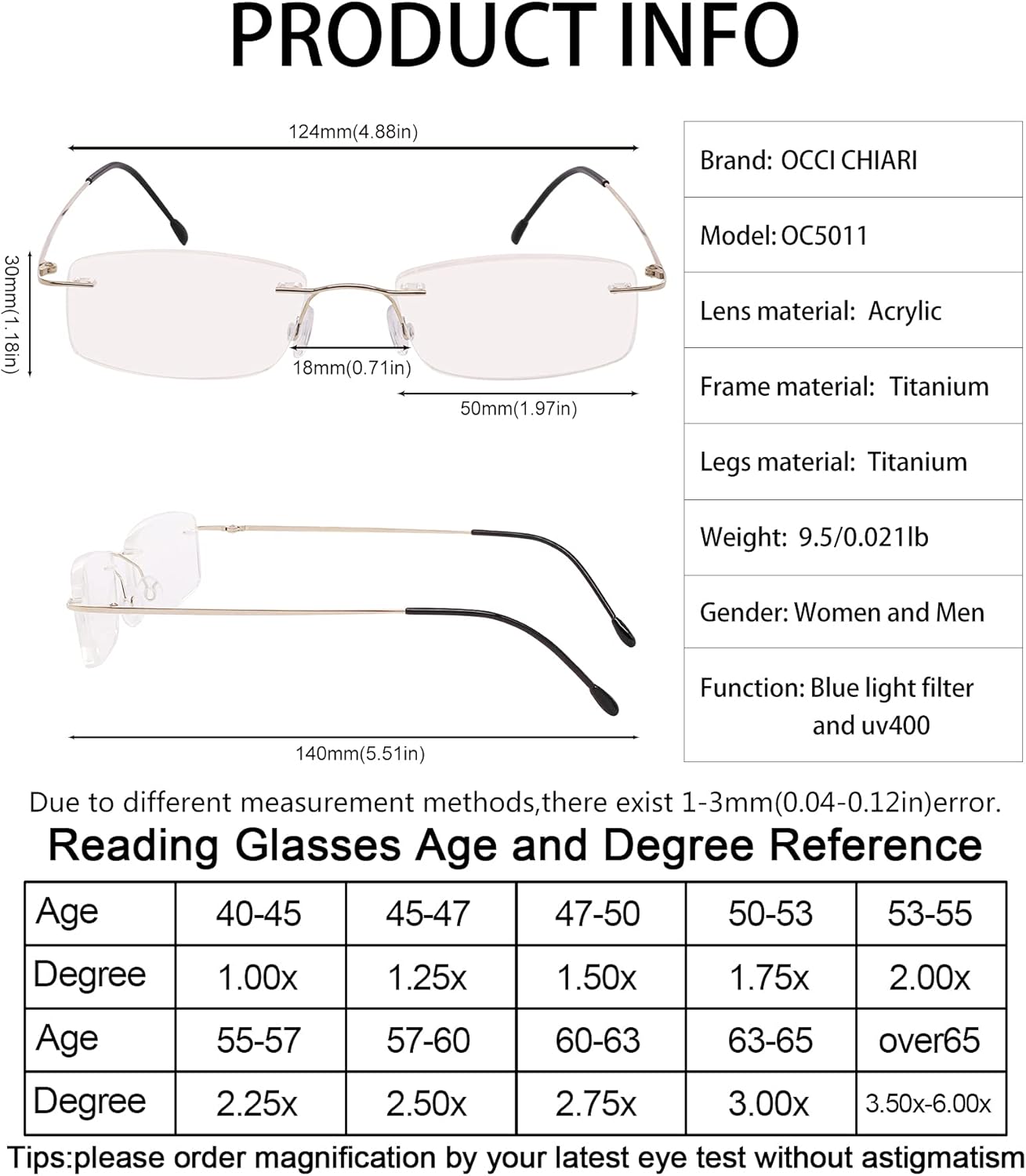 OCCI CHIARI Gafas de lectura 2.5 bloqueador de luz azul para mujeres lector de moda con bisagra de resorte de metal sin marco de titanio 1.0 1.25