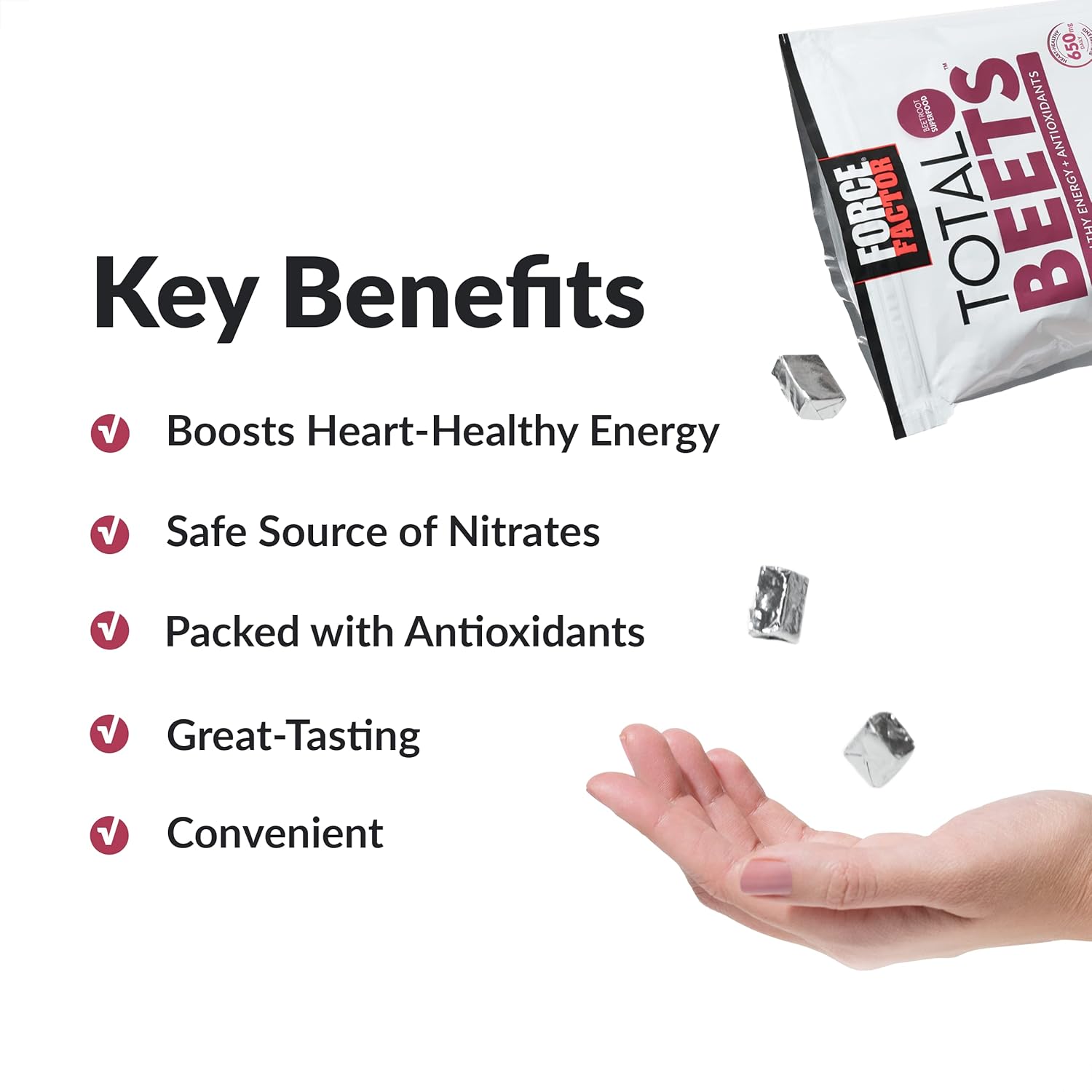 Force Factor Total Beets – Masticables suaves con remolacha, nitratos, L-citrulina, extracto de semilla de uva y antioxidantes, suplemento