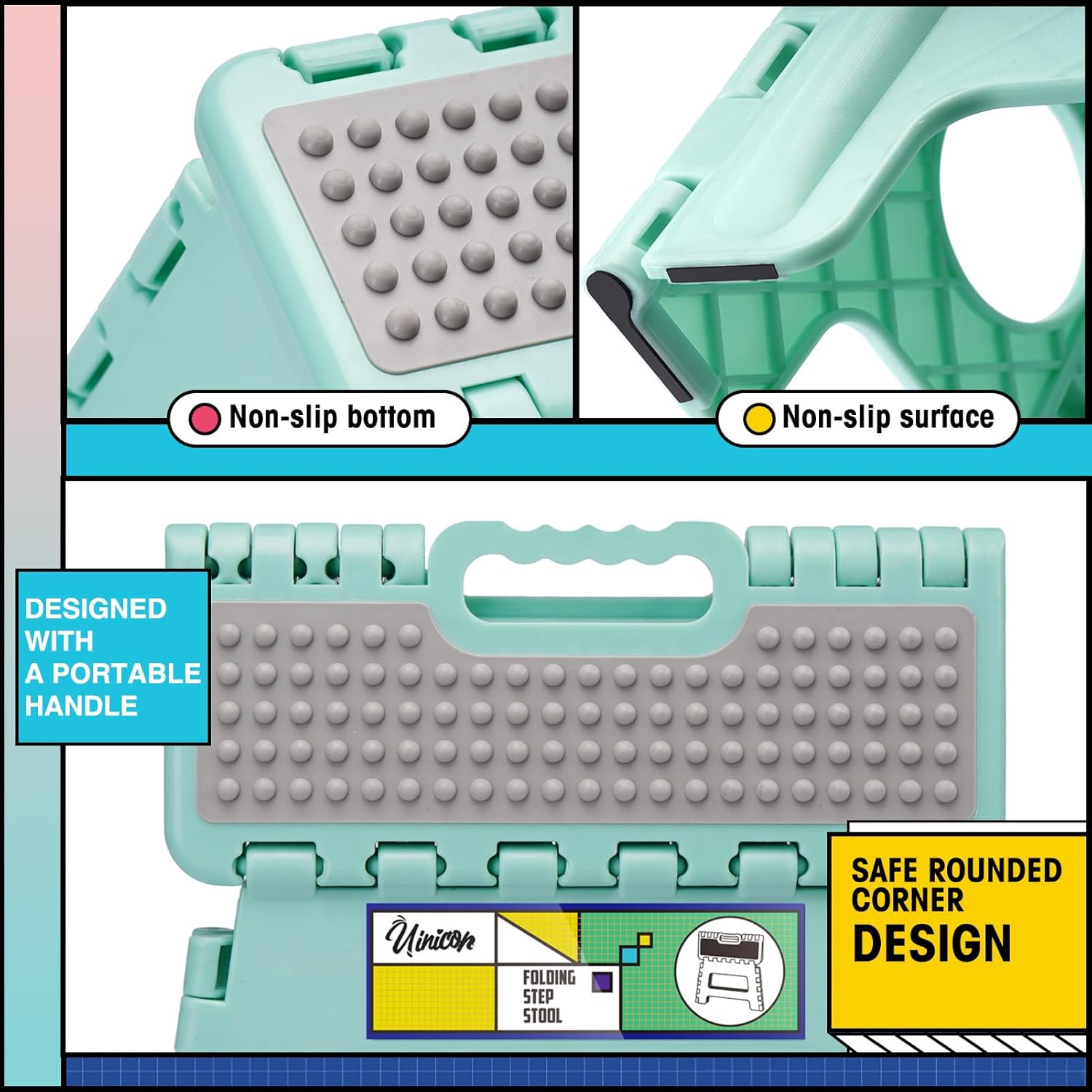 Uinicor Taburete plegable de 11 pulgadas para adultos y niños con capacidad para hasta 300 libras, taburetes plegables antideslizantes con mango