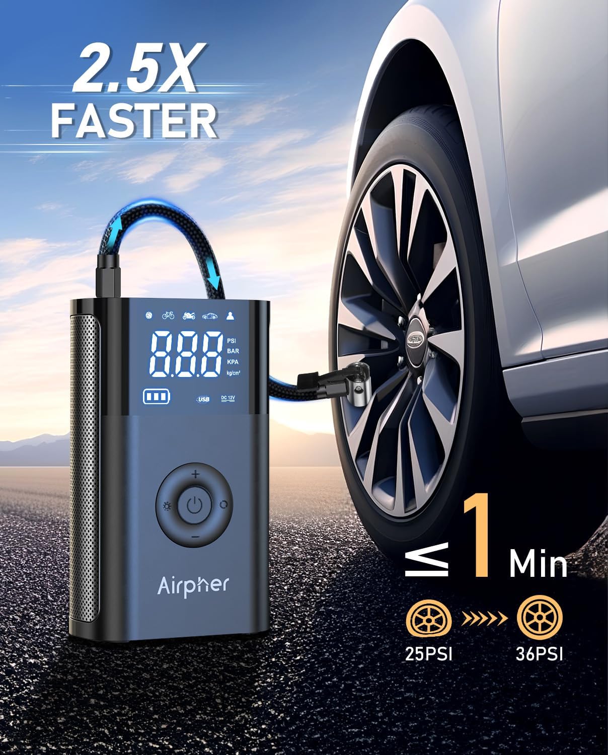Inflador de neumáticos, compresor de aire portátil, bomba de inflado Airpher para neumáticos de automóvil con medidor digital de presión de
