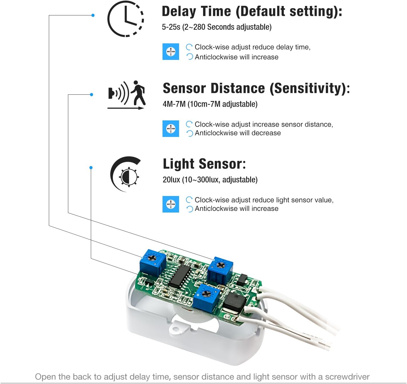 BS010WL DC 12v a 24v Mini Pir Sensor de Movimiento Interruptor de Ocupación Sensor de Ocupación para DIY Iluminación LED (Sensor de Luz, Tiempo de