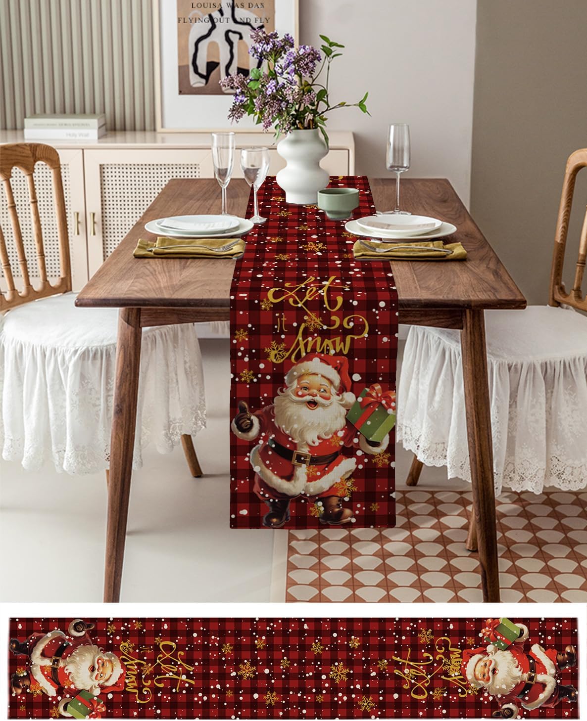 Camino de mesa de Navidad de Papá Noel con regalo, clásico rojo y negro, a cuadros, bufandas de cocina, comedor, caminos de mesa para interiores y